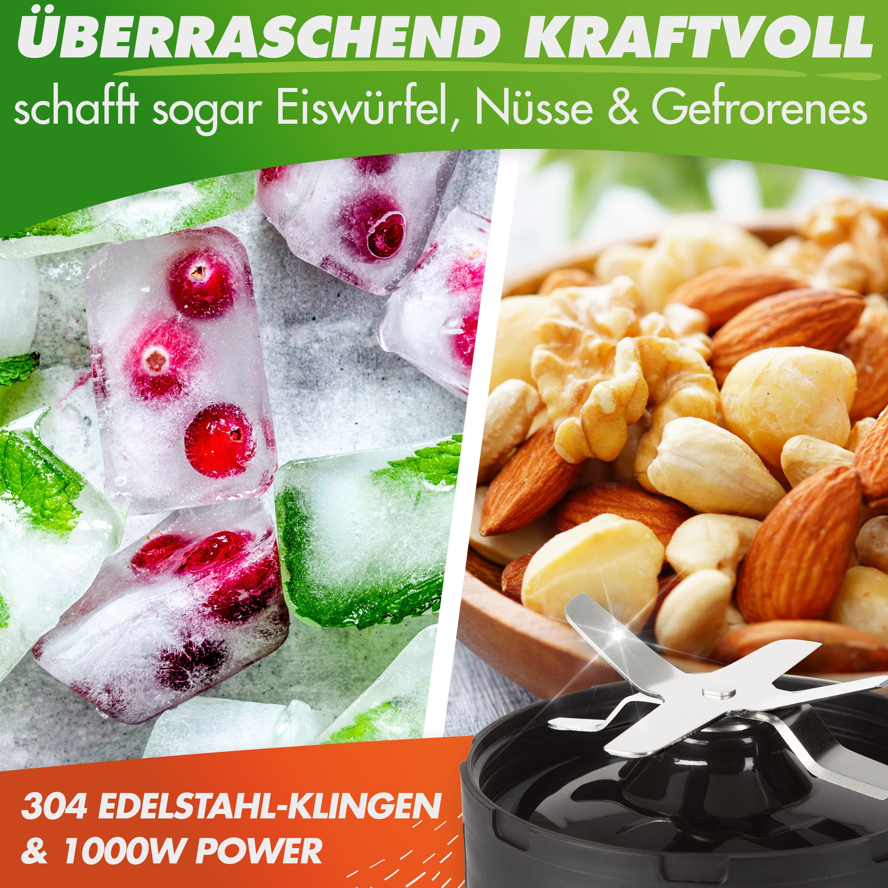 Nutrilovers NUTRI-BLENDER (B) Smoothie-Maker to go 1000 Watt Mini-Mixer mit Auto-IQ, BPA-frei, Inkl. Rezeptbuch, 2x Becher und To go Deckel
