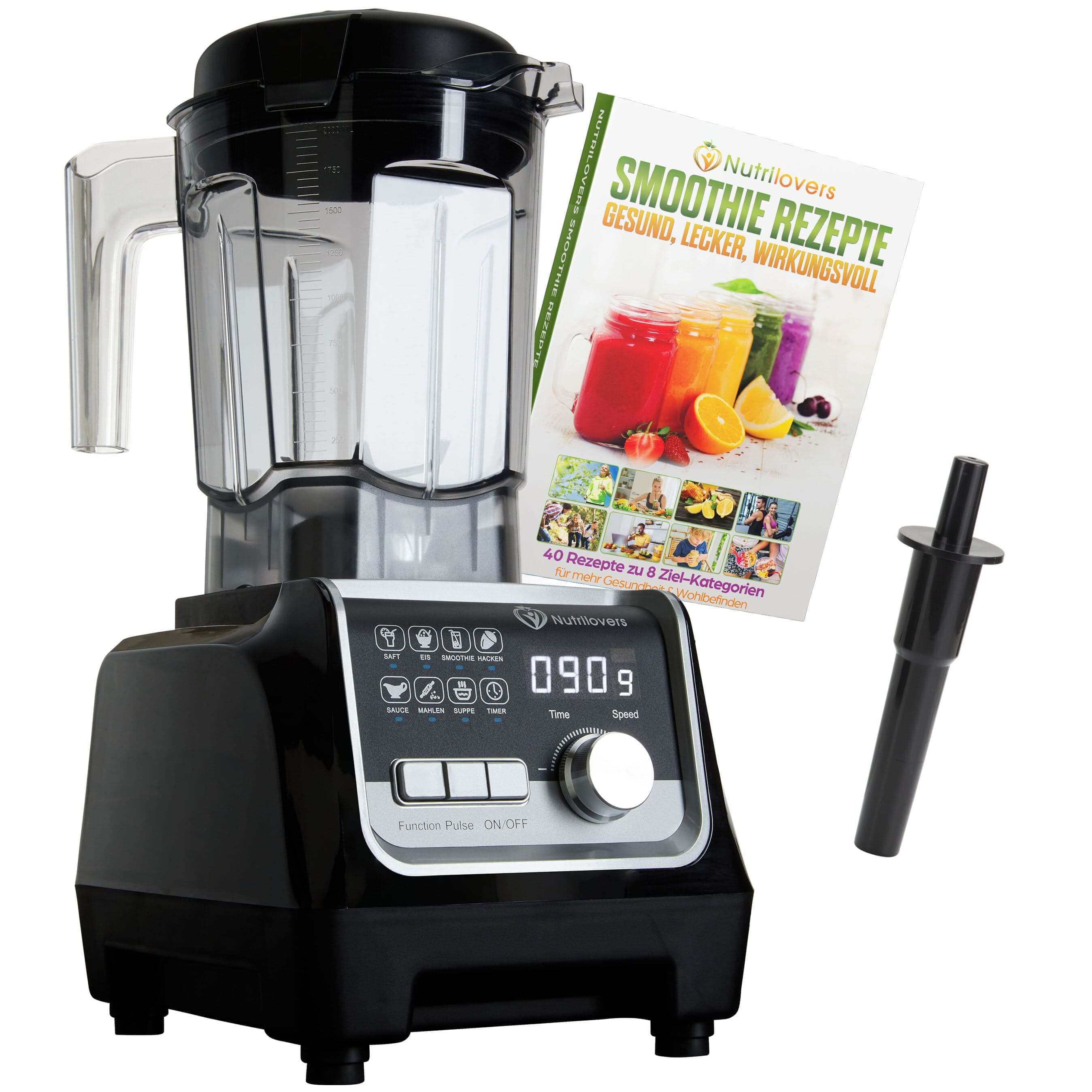 Hochleistungsmixer in Schwarz mit 90 g, inklusive Rezeptbuch für Smoothies.