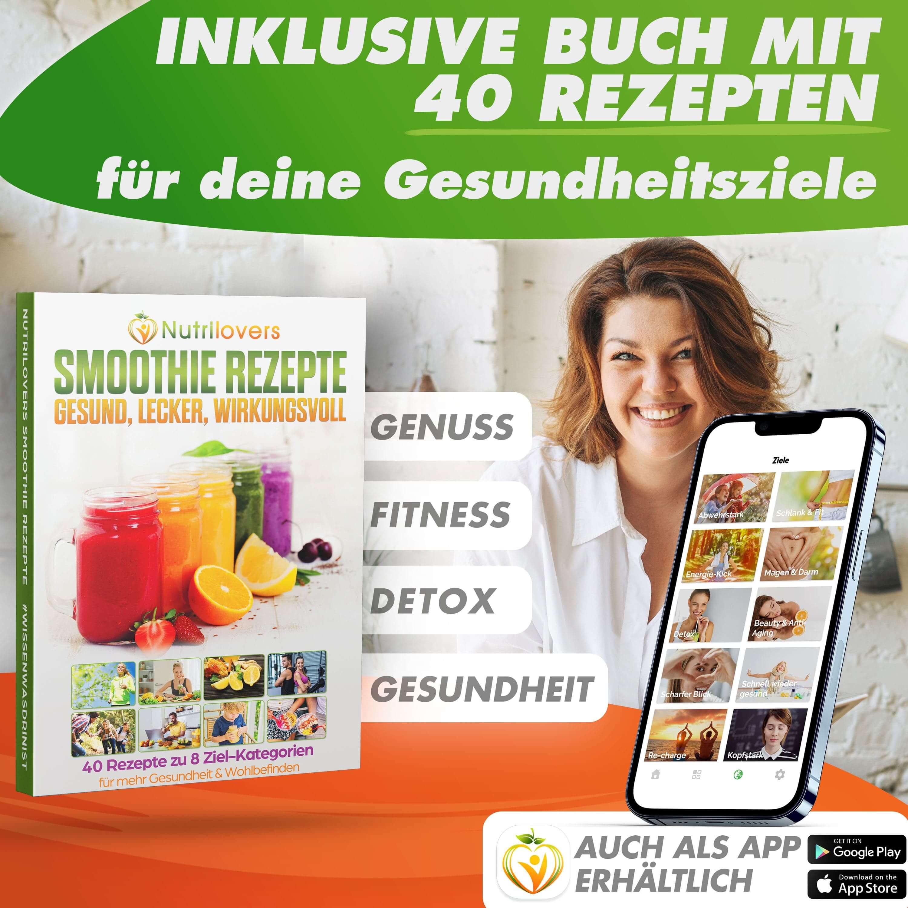 Smoothie Rezeptbuch mit 40 gesunden Rezepten für Fitness, Detox und Genuss in deutscher Sprache.