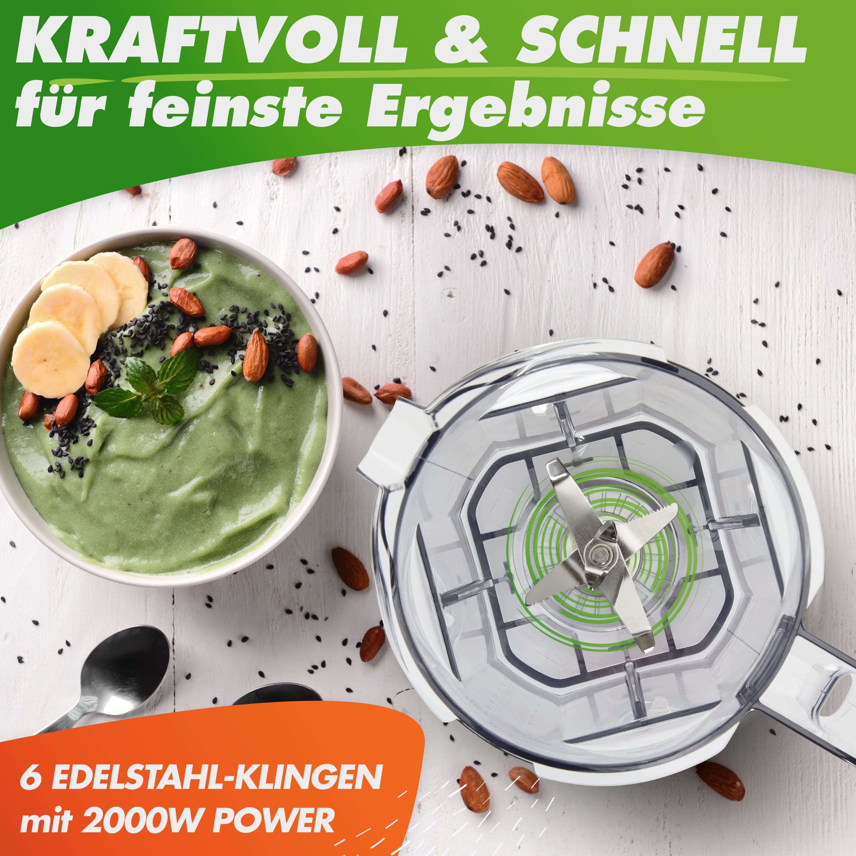 Mixer mit 6 Edelstahl-Klingen, 2000W Leistung, grüne Smoothie-Variante in einer Schüssel, Mandeln und Bananenscheiben.