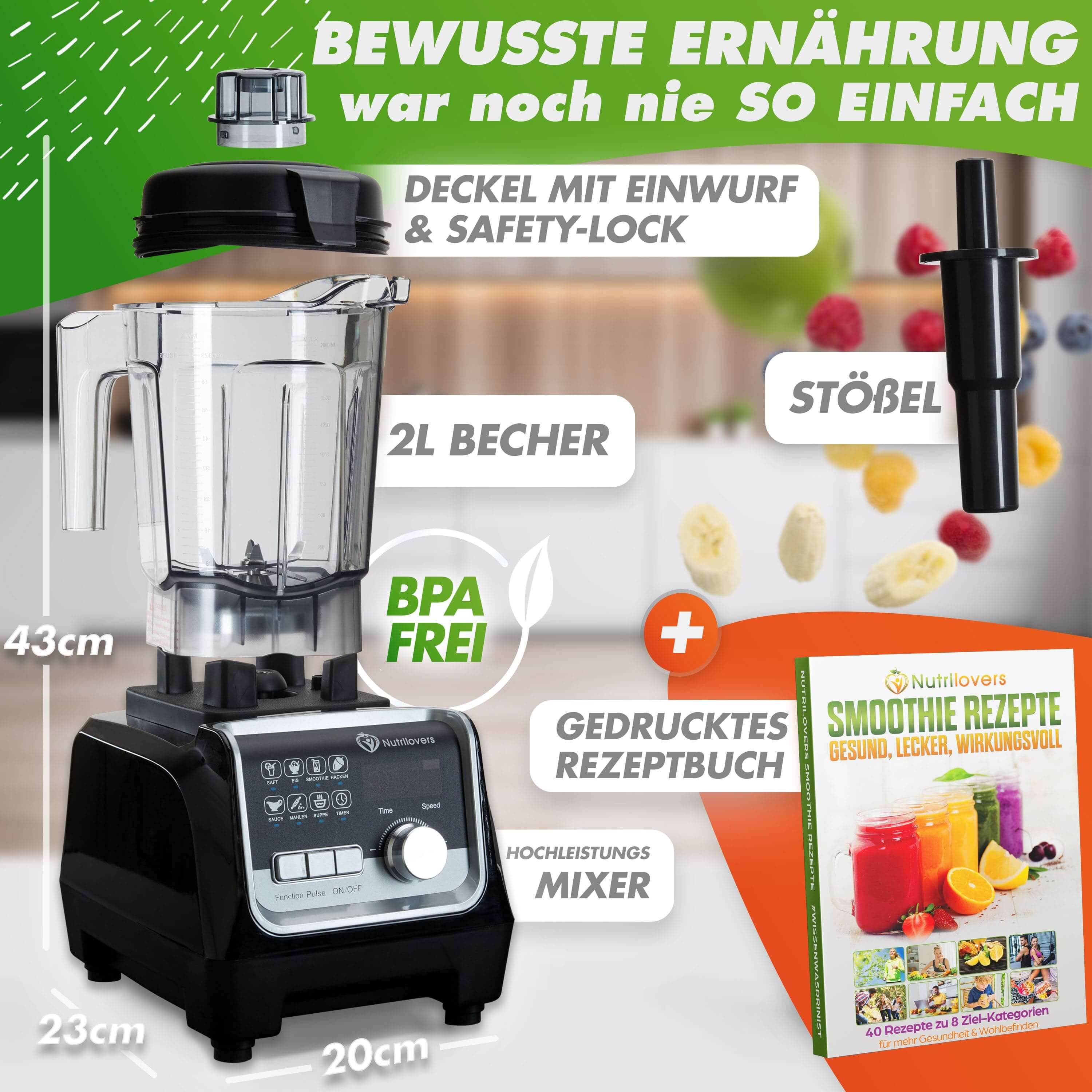 Hochleistungsmixer mit 2L BPA-freiem Becher, Safety-Lock Deckel und Stößel, inklusive Rezeptbuch.