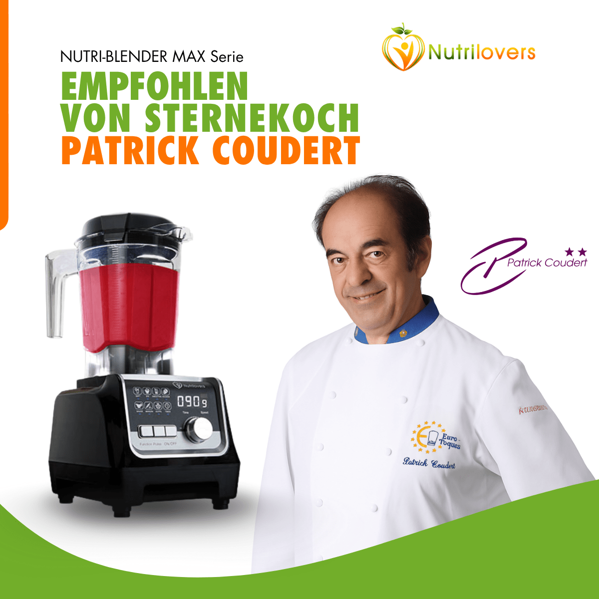 Nutri-Blender Max in Schwarz mit roter Mischung, empfohlen von Patrick Coudert, für kraftvolles Mischen und einfache Nutzung.