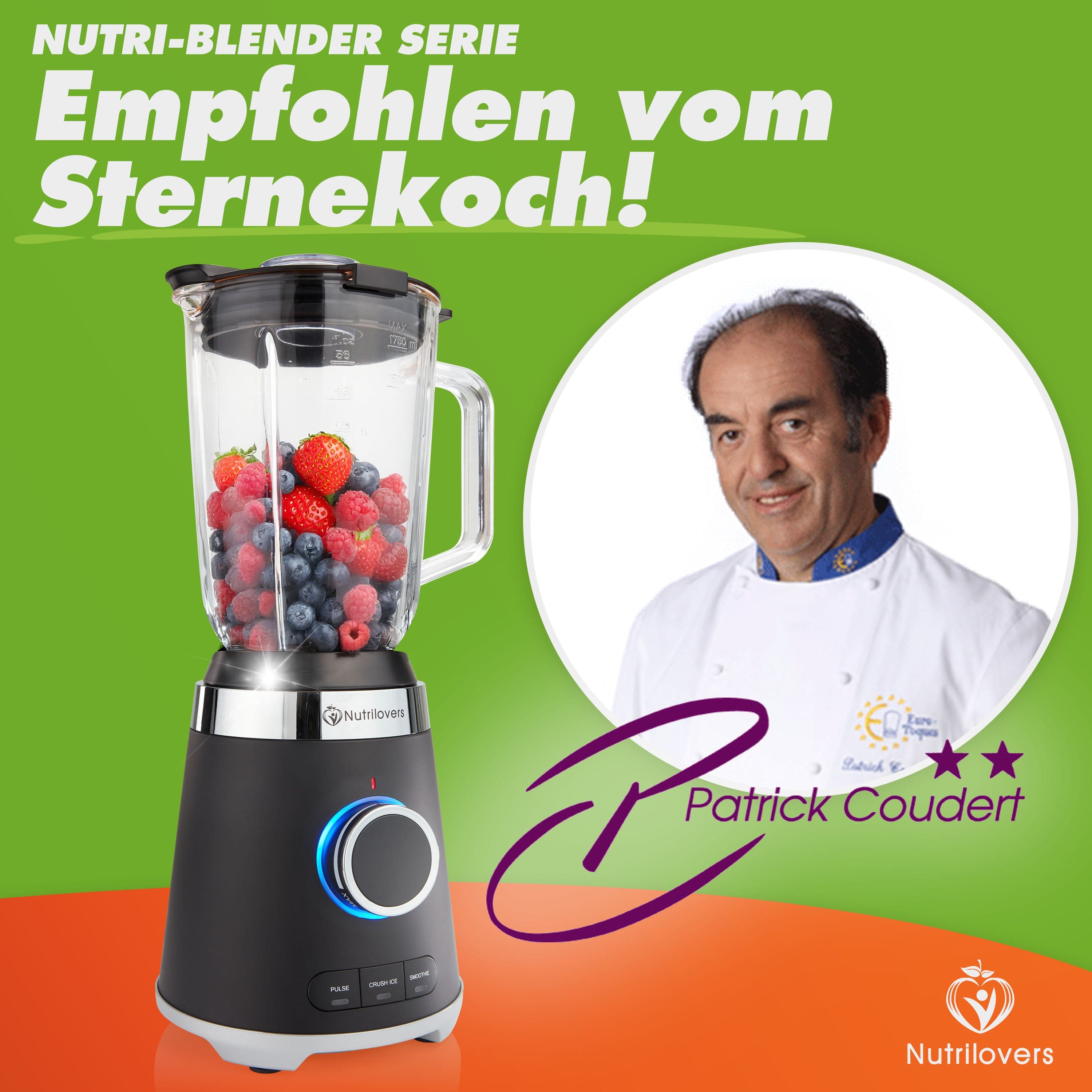 Nutrilovers NUTRI-BLENDER GLAS (B) Standmixer mit Glasbehälter, 1300W, 3 Programme inkl. Rezeptbuch
