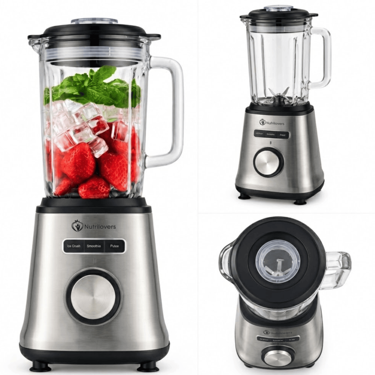 Nutrilovers Standmixer Glas NUTRI-BLENDER GLAS+ Hochleistungsmixer mit Glasbehälter 1800W, 1.8L Edelstahl (Silber)