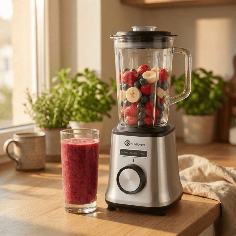 Nutrilovers Standmixer Glas NUTRI-BLENDER GLAS+ Hochleistungsmixer mit Glasbehälter 1800W Edelstahl (Silber)