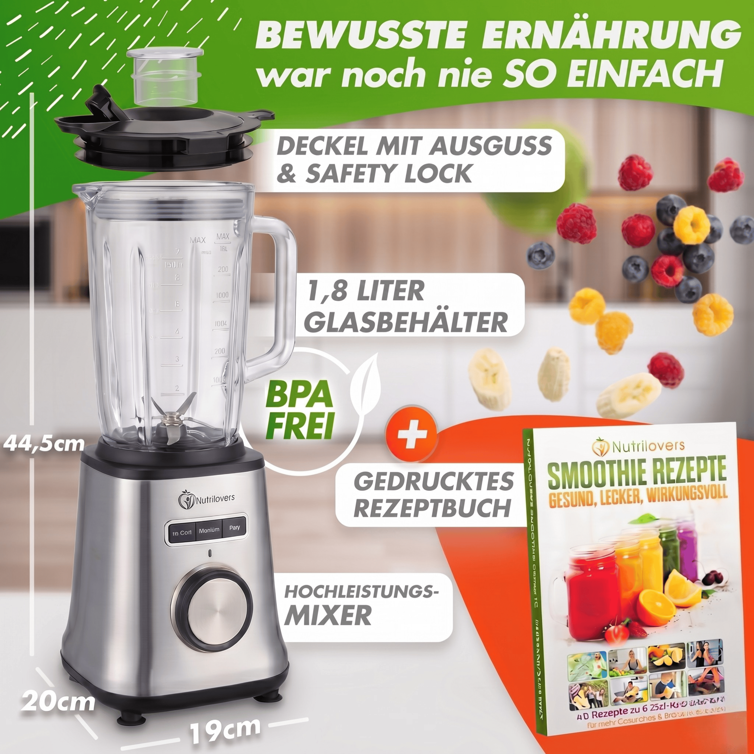 Nutrilovers Standmixer Glas NUTRI-BLENDER GLAS+ Hochleistungsmixer mit Glasbehälter 1800W Edelstahl (Silber)