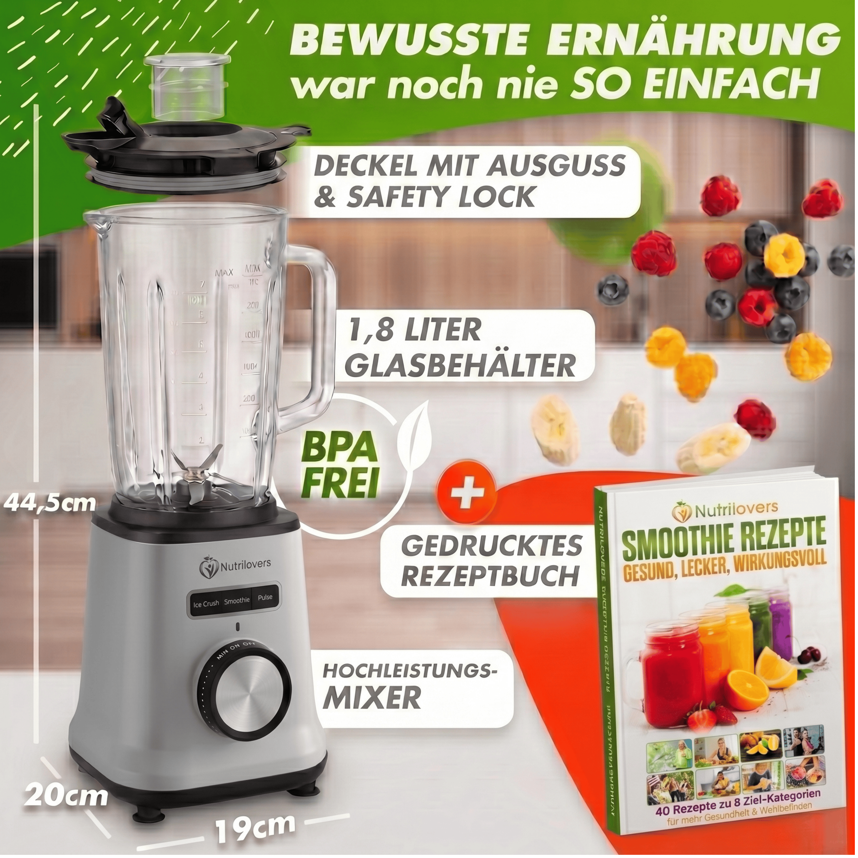 Nutrilovers Standmixer Glas NUTRI-BLENDER GLAS+ Hochleistungsmixer mit Glasbehälter 1800W Edelstahl (Silber)