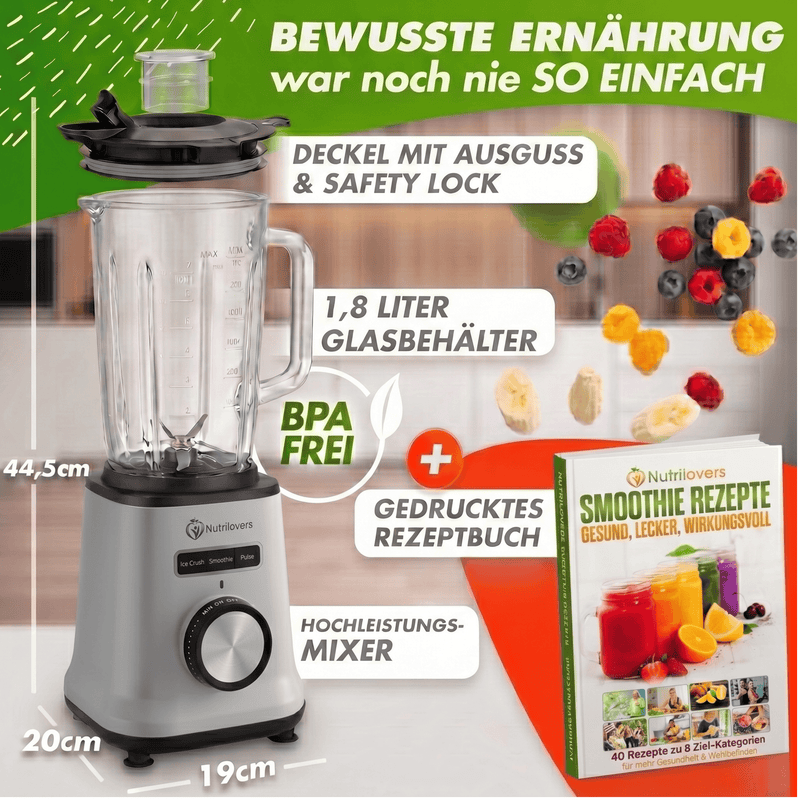 Nutrilovers Standmixer Glas NUTRI-BLENDER GLAS+ Hochleistungsmixer mit Glasbehälter 1800W Edelstahl (Silber)