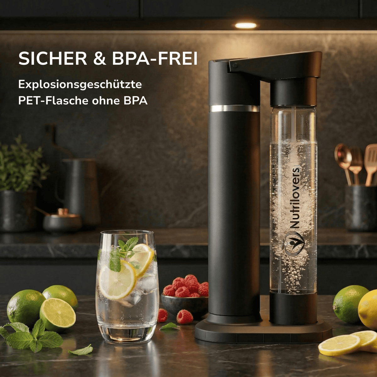 Nutrilovers Wassersprudler NUTRI-STREAM (B) | Soda Maker Edelstahl Schwarz, BPA-frei