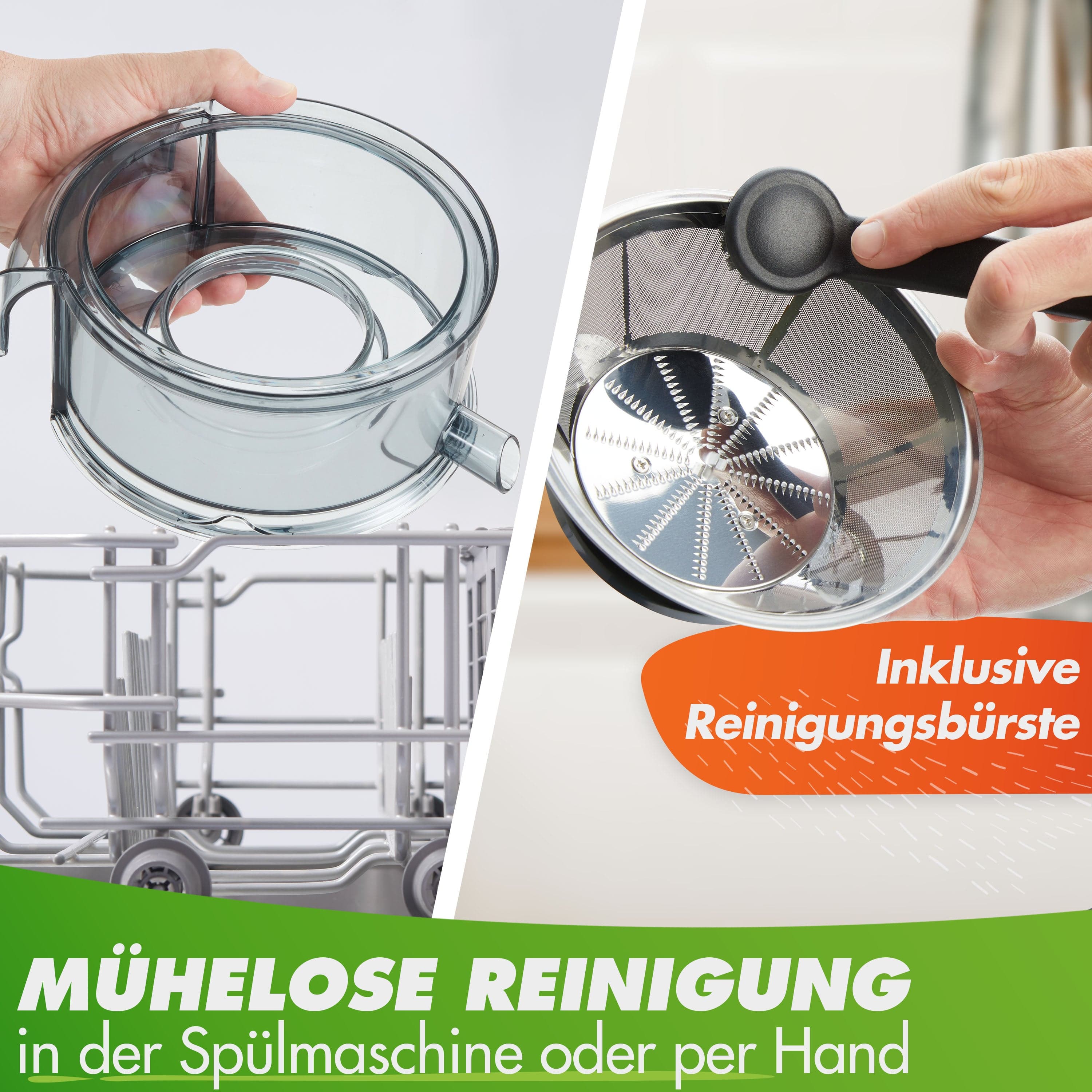 Transparenter Siebbehälter aus Glas mit Reinigungsbürste, spülmaschinenfest und handlich.