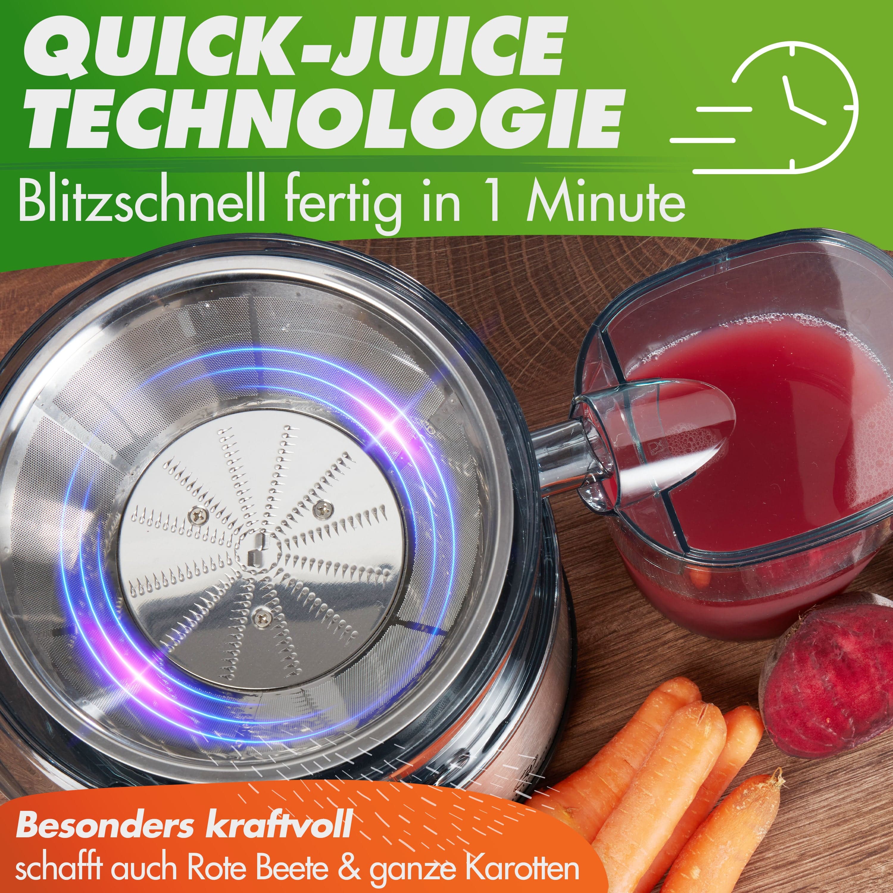 Saftpresse mit Quick-Juice Technologie, silber, für Rote Beete und ganze Karotten, fertig in 1 Minute.