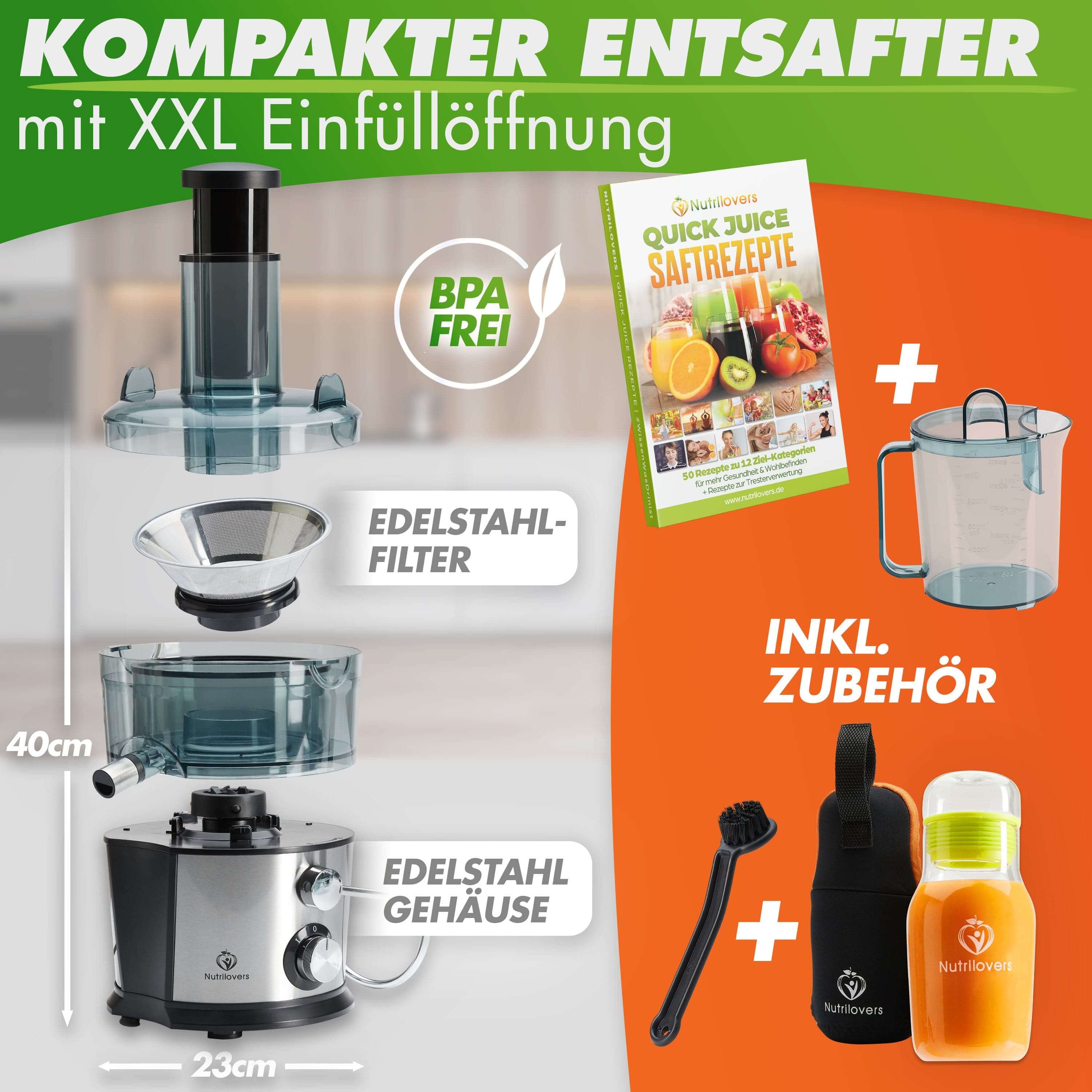 Kompakter Entsafter mit XXL Einfüllöffnung, Edelstahl-Filter, BPA-frei, inkl. Zubehör und Rezeptbuch.