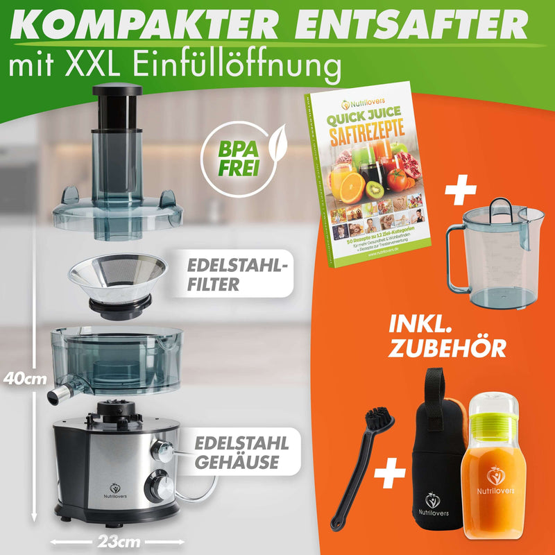 Kompakter Entsafter mit XXL Einfüllöffnung, Edelstahl-Filter, BPA-frei, inkl. Zubehör und Rezeptbuch.