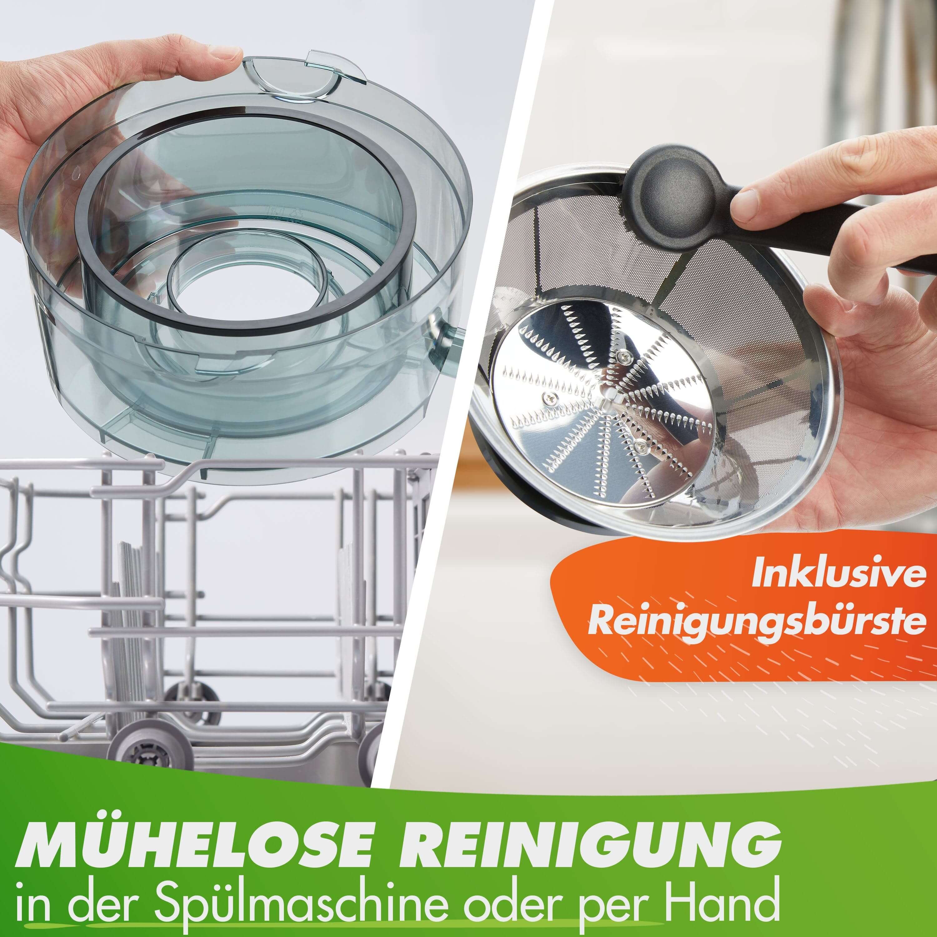 Spülmaschinengeeigneter Reinigungseinsatz aus transparentem Kunststoff mit Reinigungsbürste.