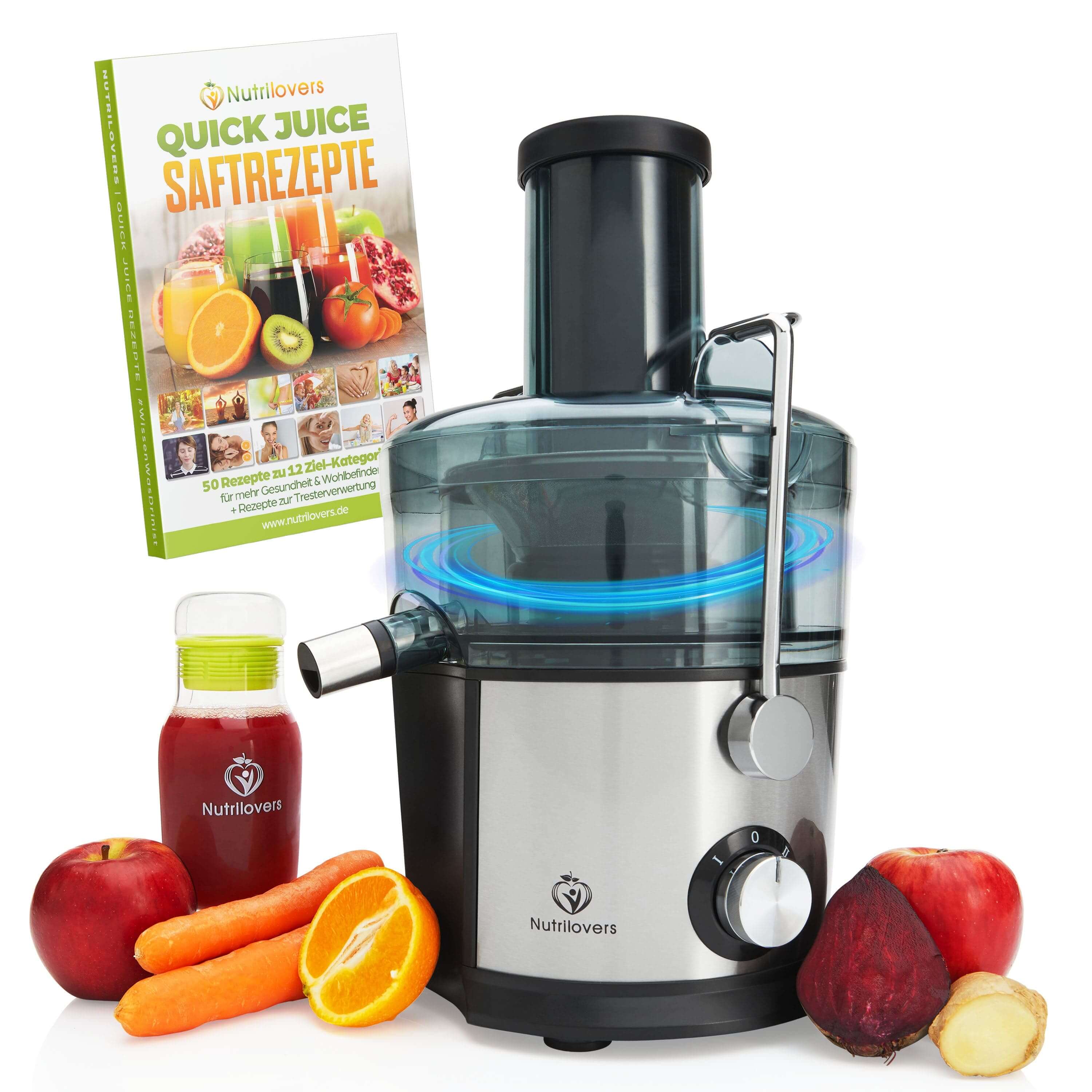Nutricover Entsafter in Silber mit Rezeptbuch, frischem Obst und Gemüse für gesunde Säfte.
