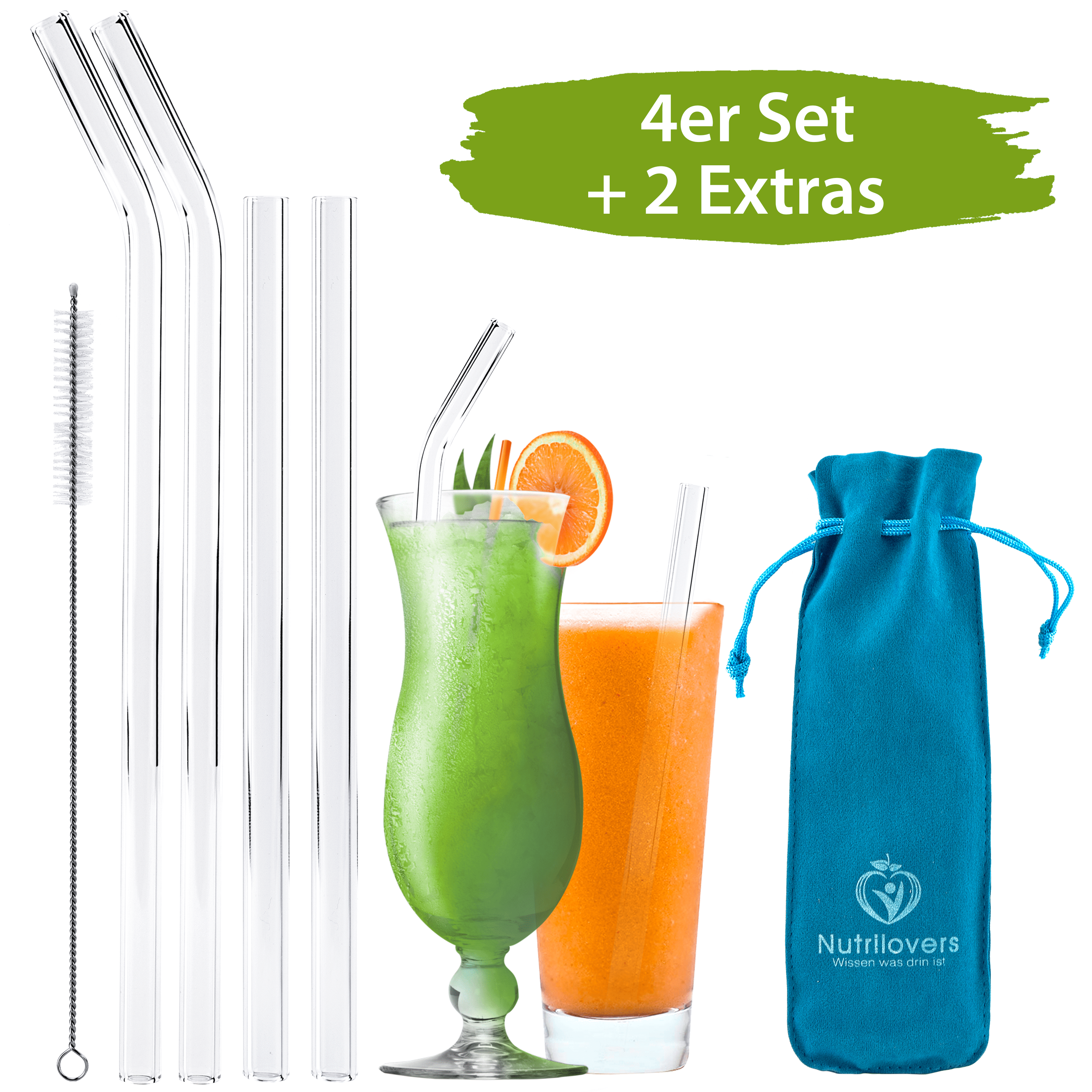 Nutrilovers Glas-Trinkhalme NUTRI-STRAWS Glasstrohhalme 4er Set, Gerade & Gebogen WissenWasDrinIst