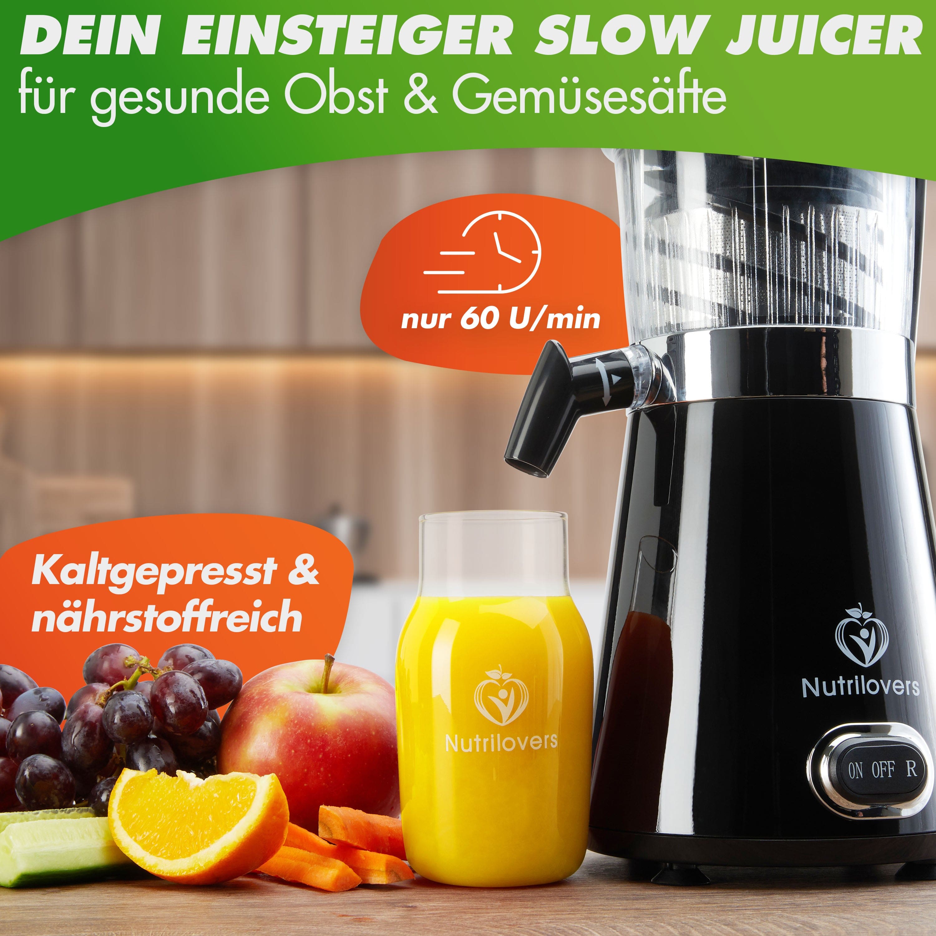 Nutrilovers Slow Juicer NUTRI-PRESS Slow Juicer für Einsteiger | BPA-Frei (Schwarz) WissenWasDrinIst