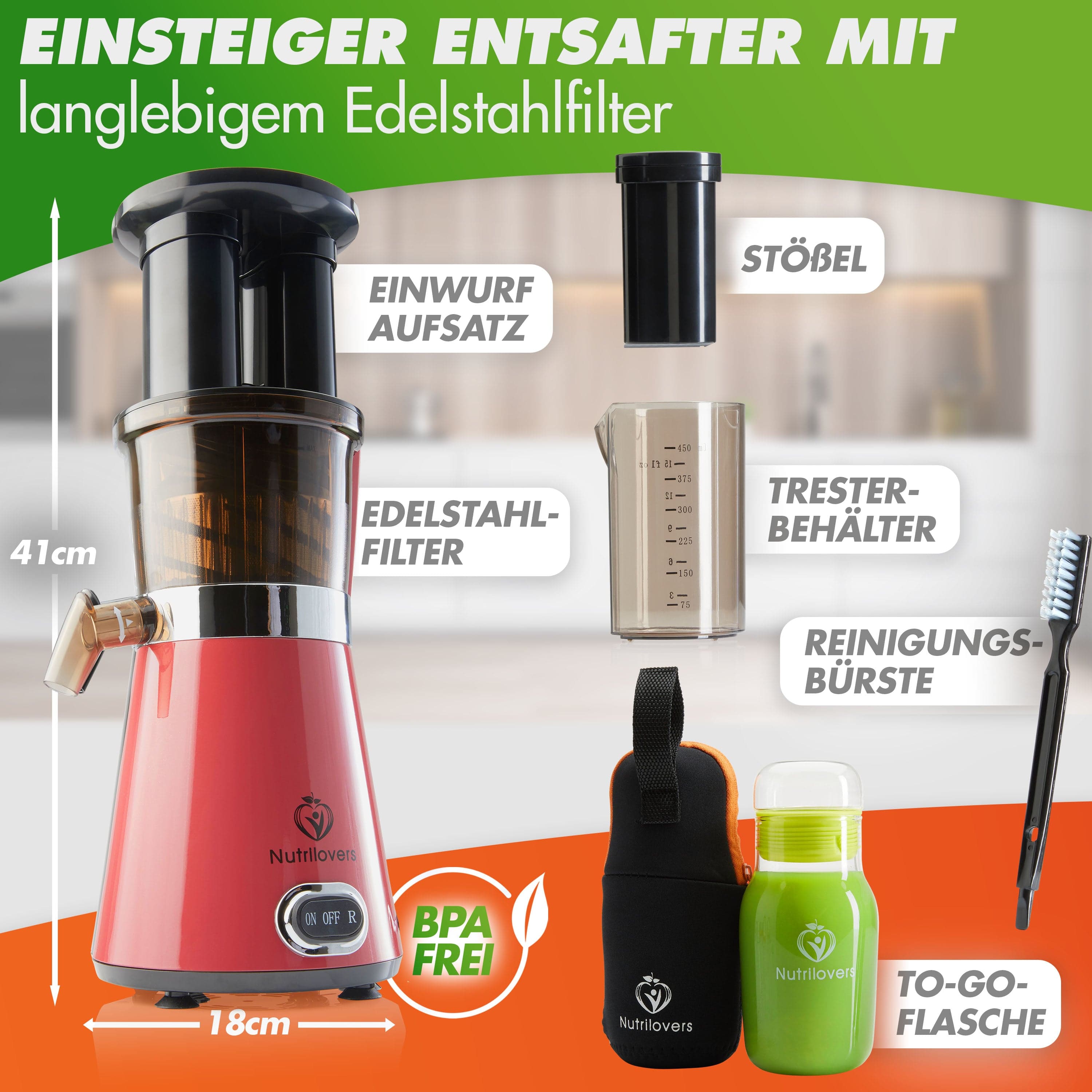 Nutrilovers Slow Juicer NUTRI-PRESS Slow Juicer für Einsteiger | BPA-Frei (Pink) WissenWasDrinIst