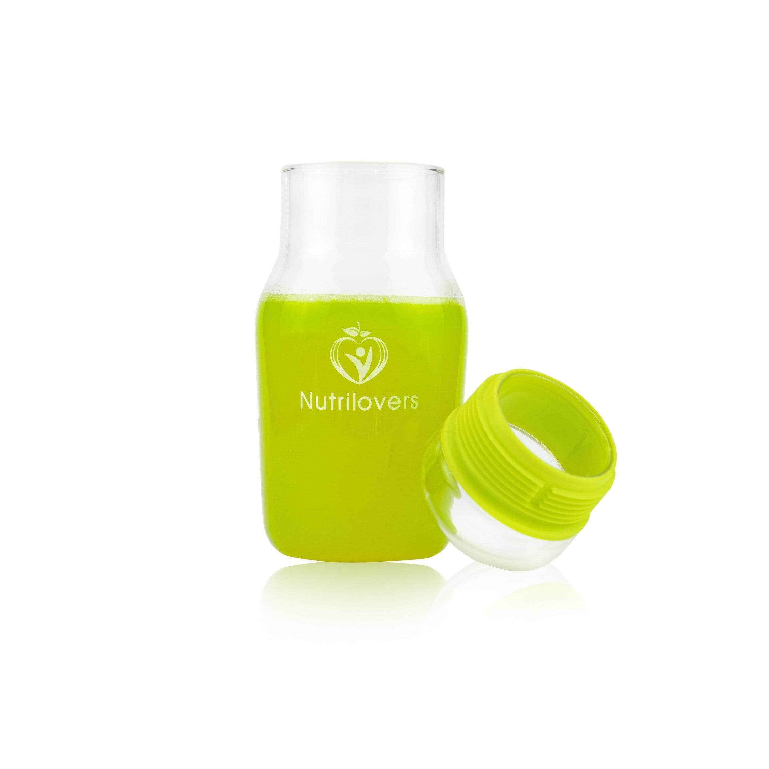 Nutrilovers Trinkflasche NUTRI-GOLD Trinkflasche aus Borosilikat-Glas mit Sleeve (BPA-frei) WissenWasDrinIst