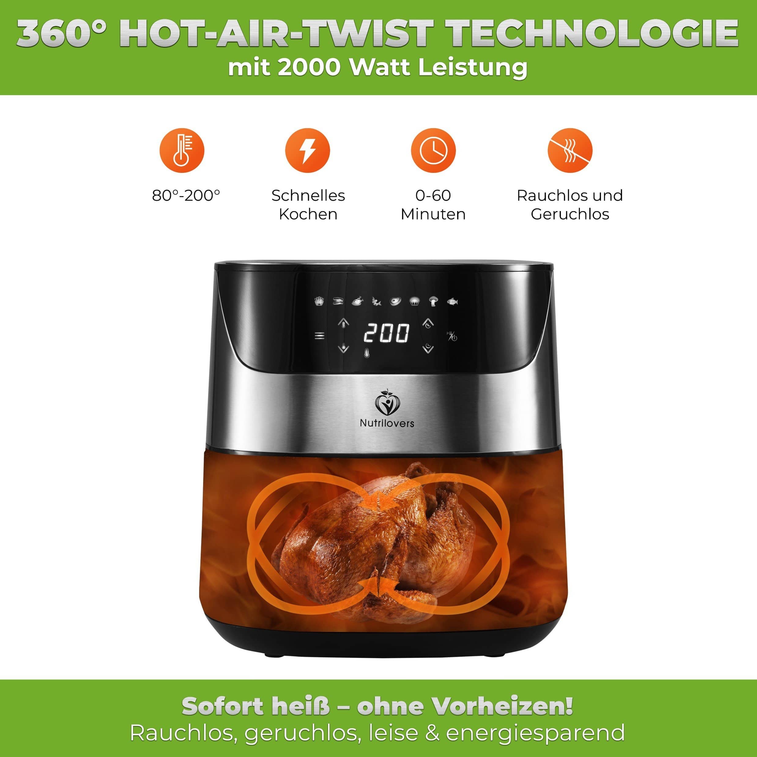 NUTRILOVERS | #WissenWasDrinIst Heißluftfritteuse NUTRI-FRYER Edelstahl Heißluftfritteuse XXL 2000W 5.0L inkl. Zubehör kuechengeraete haushaltsgeraete WissenWasDrinIst