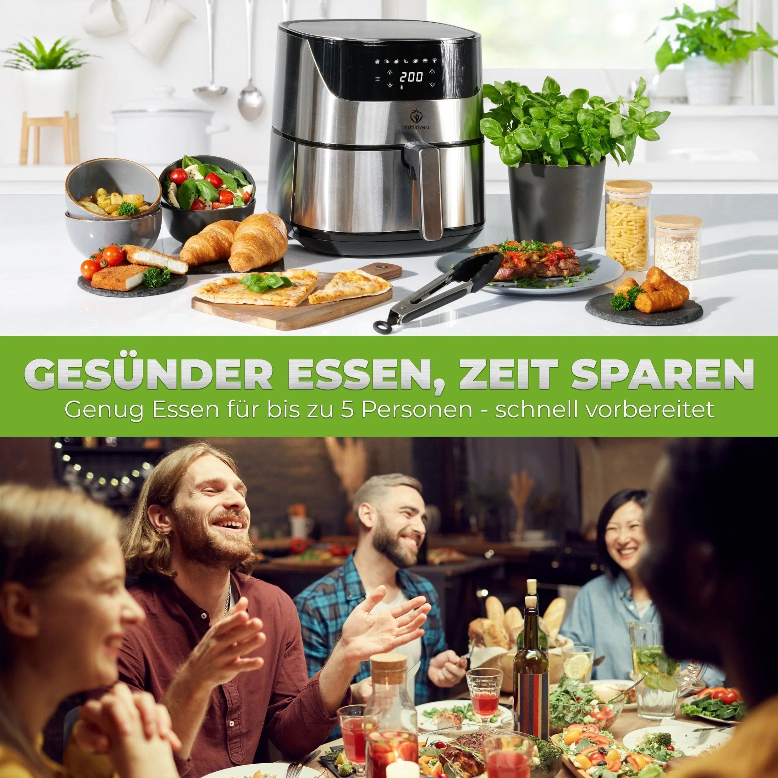 NUTRILOVERS | #WissenWasDrinIst Heißluftfritteuse NUTRI-FRYER Edelstahl Heißluftfritteuse XXL 2000W 5.0L inkl. Zubehör kuechengeraete haushaltsgeraete WissenWasDrinIst