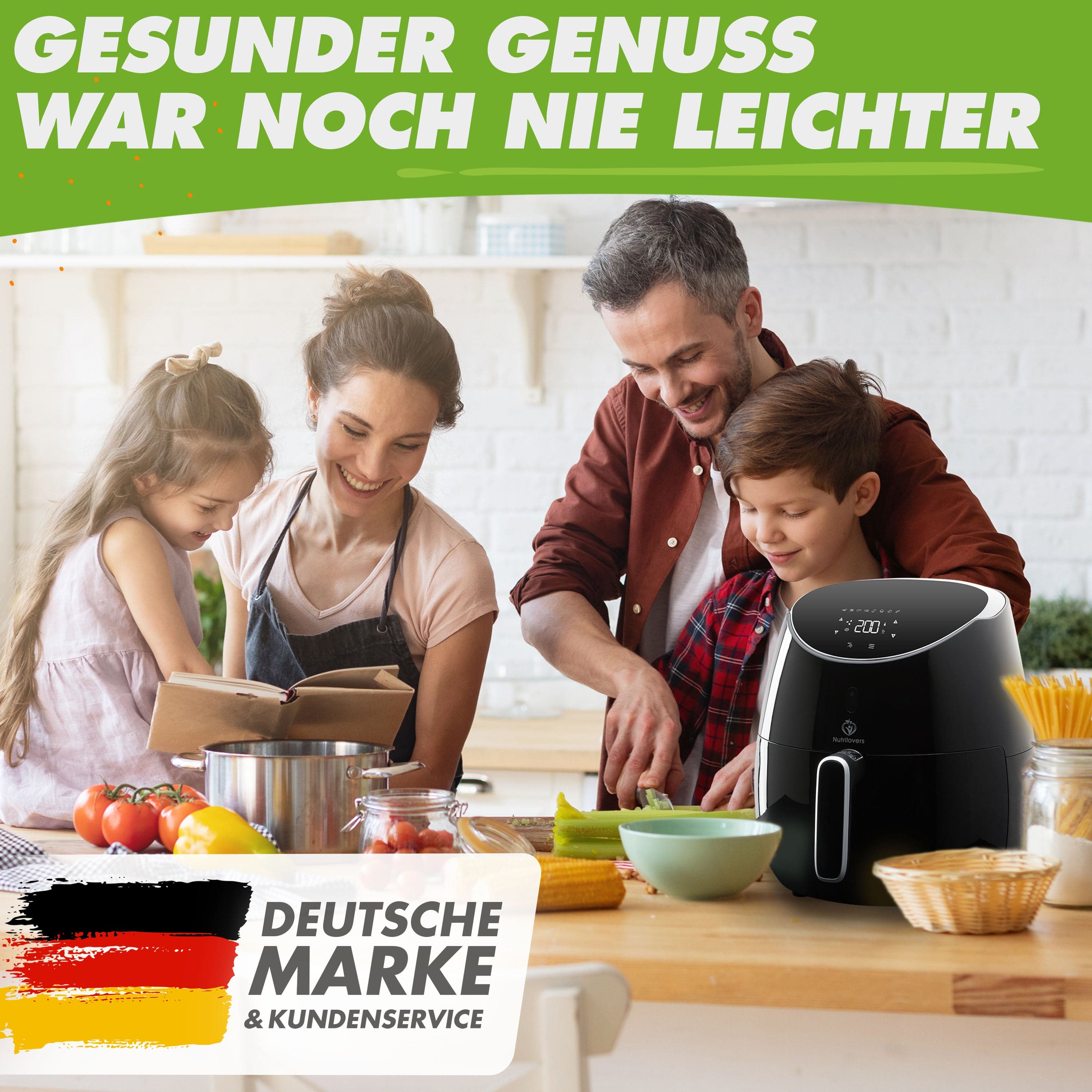 Nutrilovers Heißluftfritteuse NUTRI-FRYER Heißluftfritteuse XXL 2000W 5.0 L | Cool Touch | Digital Touchscreen mit Timer inkl. Zubehör WissenWasDrinIst