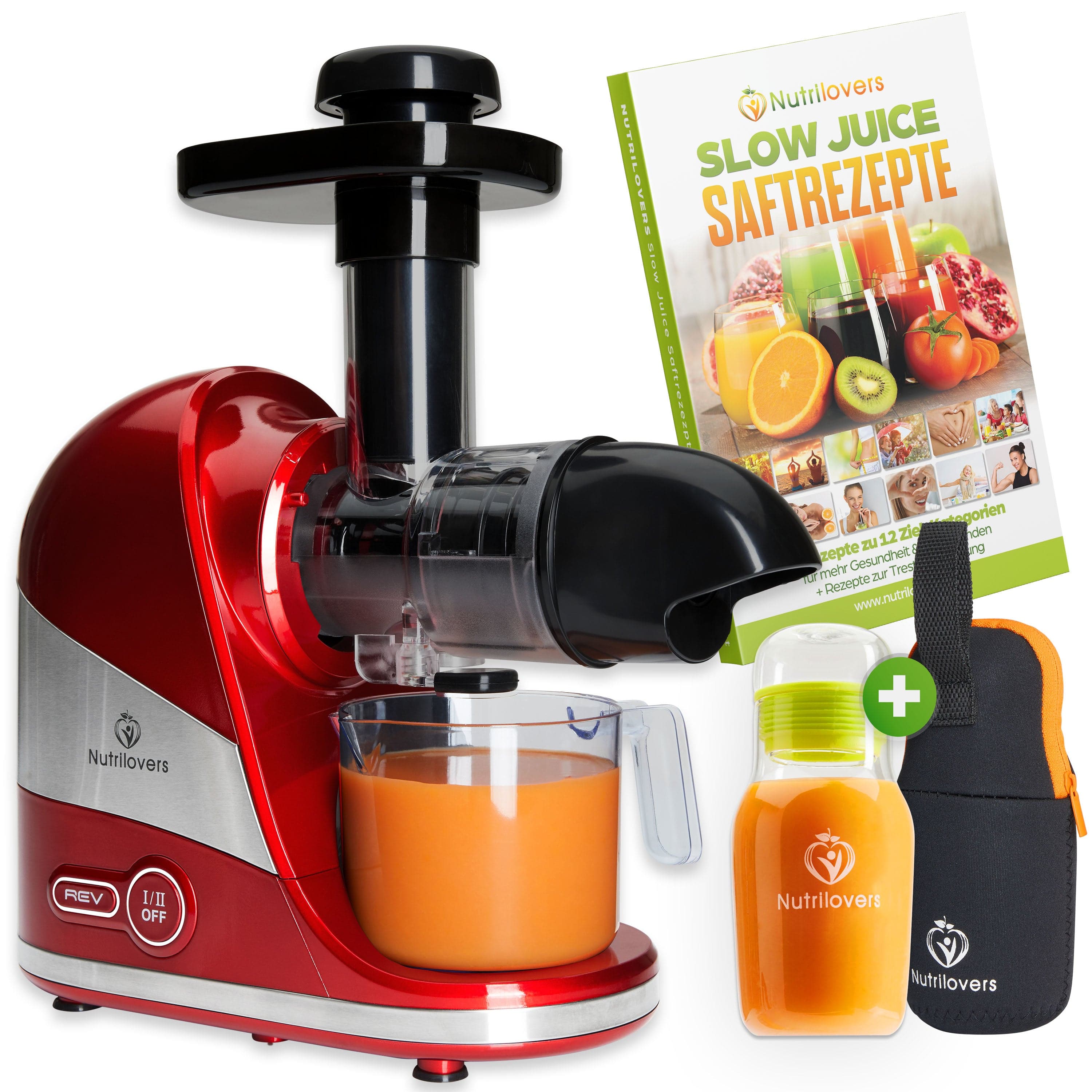 NUTRILOVERS | #WissenWasDrinIst MINI-PRESS SLIM RED (B) Slow Juicer - Besonders Kompakt & Platzsparend | elektrischer Entsafter Obst & Gemüse | 100% BPA frei kuechengeraete haushaltsgeraete WissenWasDrinIst