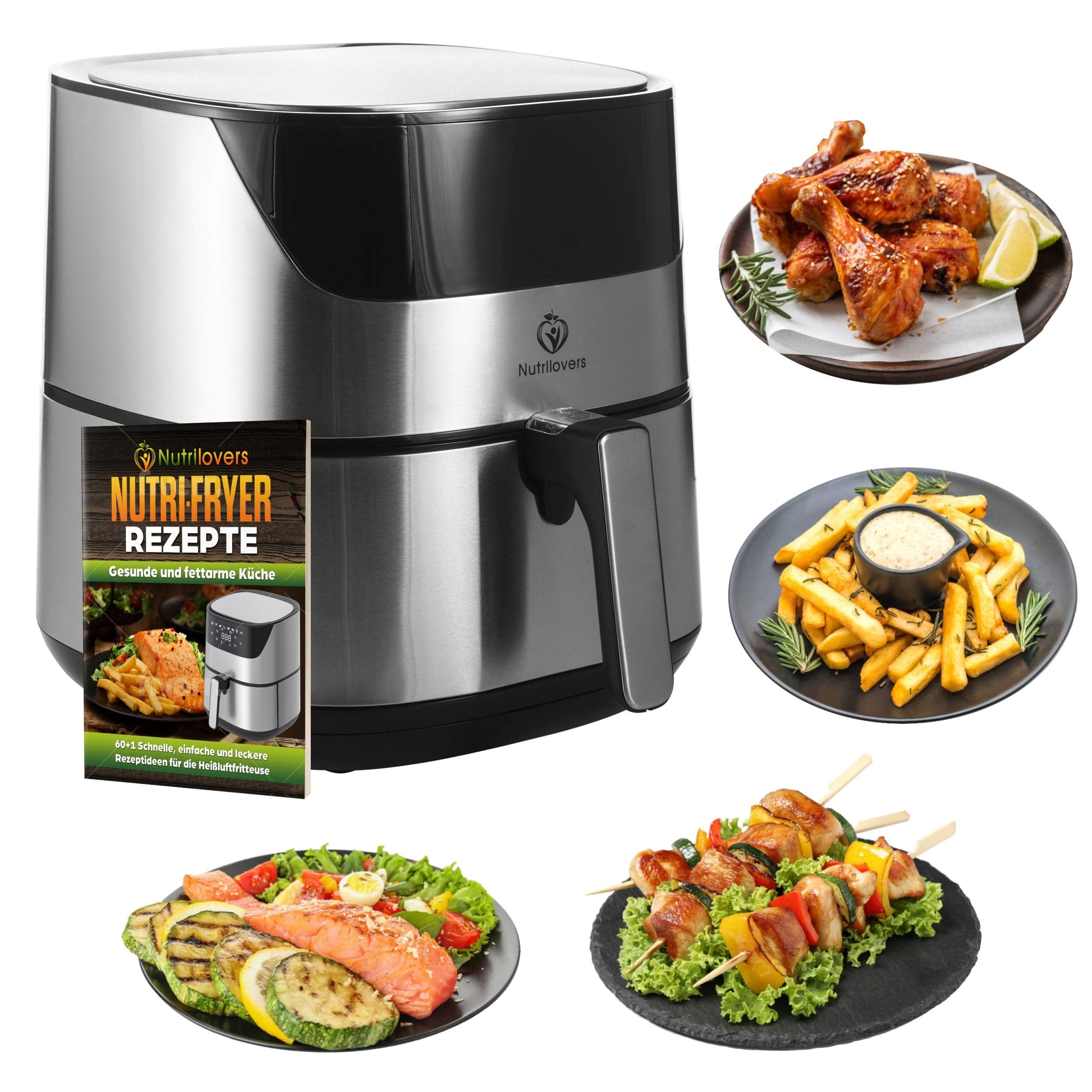 Nutrilovers NUTRI-FRYER (B) EDELSTAHL Heißluftfritteuse XXL 2000W 5.0L inkl. Zubehör WissenWasDrinIst