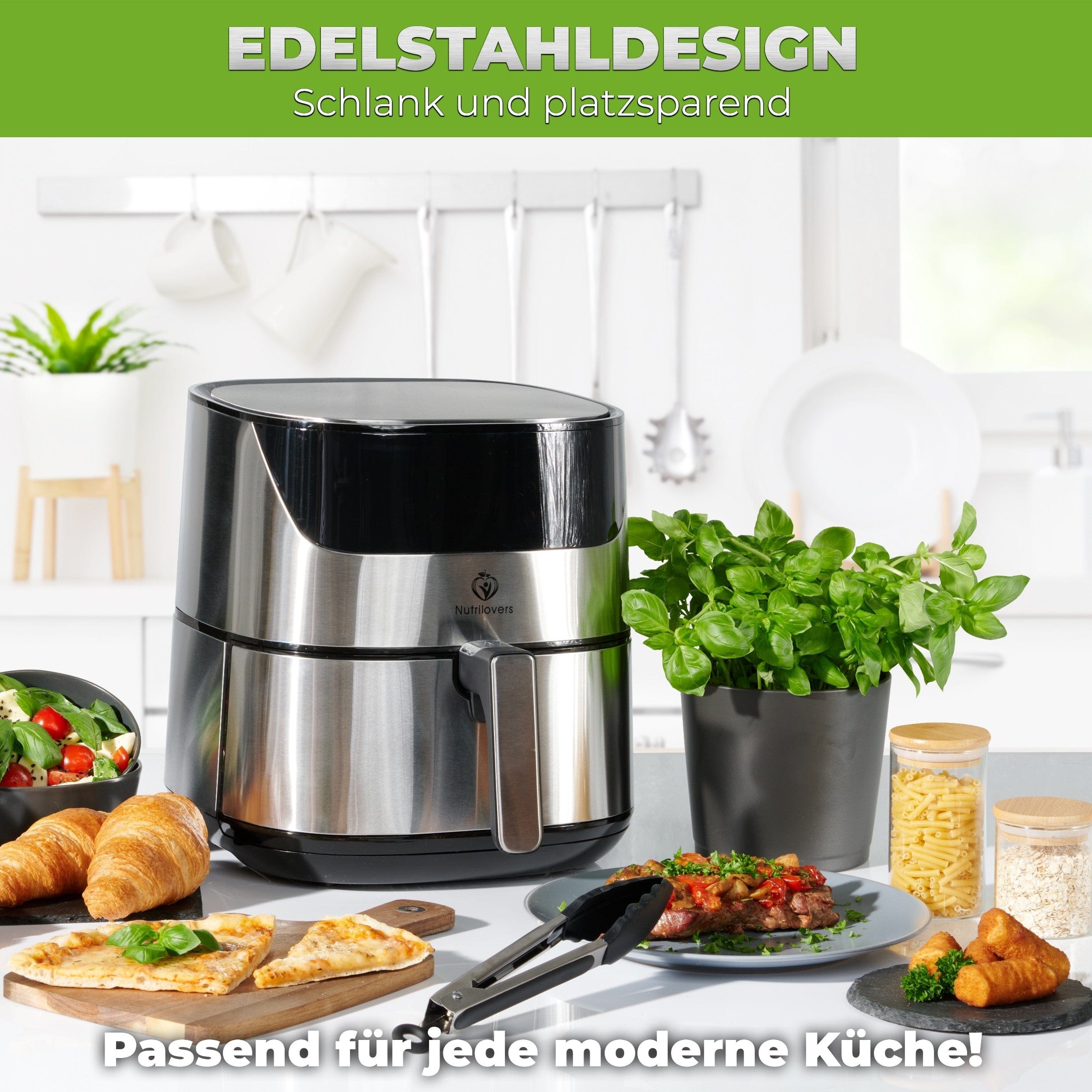 Nutrilovers NUTRI-FRYER (B) EDELSTAHL Heißluftfritteuse XXL 2000W 5.0L inkl. Zubehör WissenWasDrinIst