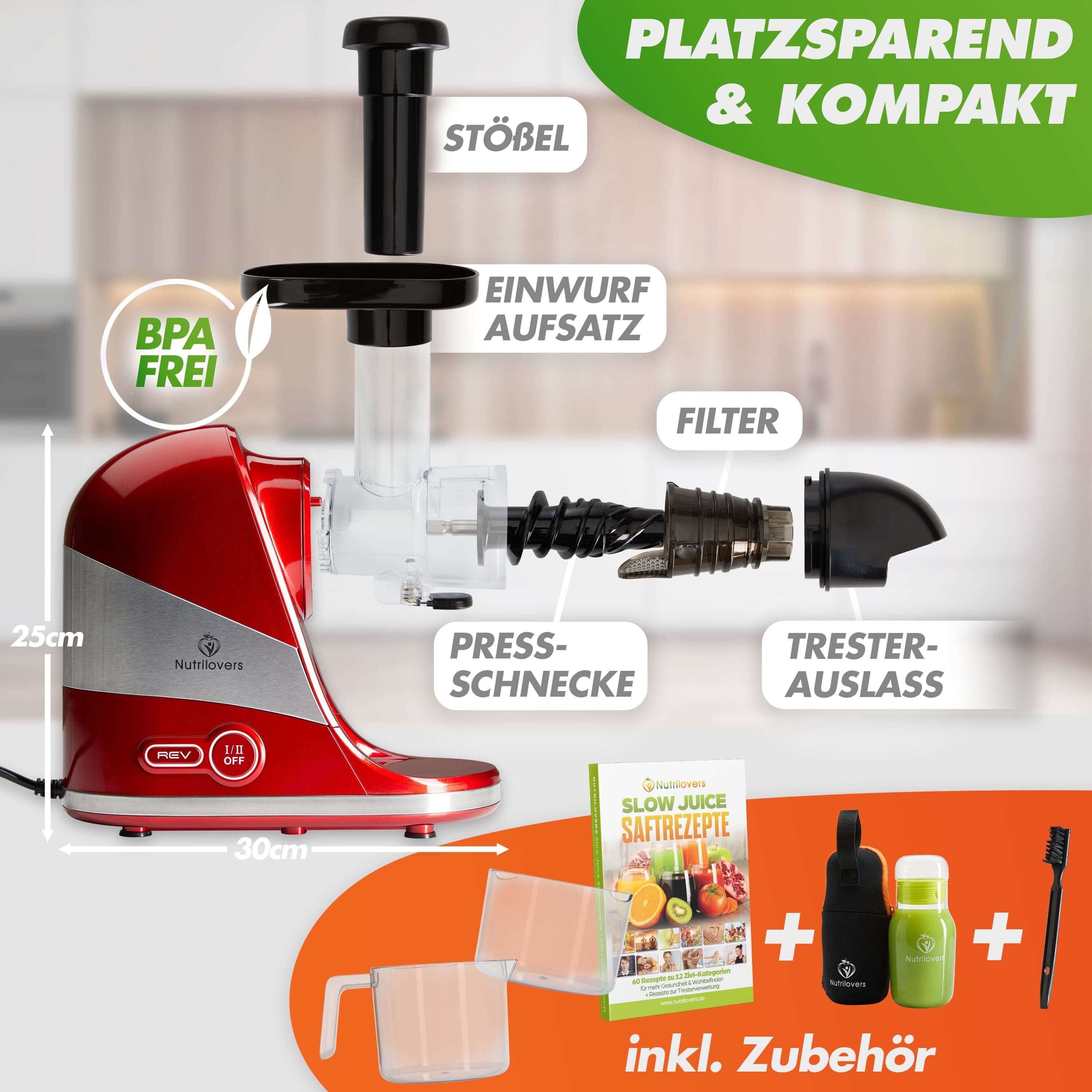 NUTRILOVERS | WissenWasDrinIst Slow Juicer MINI-PRESS SLIM Slow Juicer - Besonders Kompakt & Platzsparend | elektrischer Entsafter Obst & Gemüse | 100% BPA frei kuechengeraete haushaltsgeraete WissenWasDrinIst