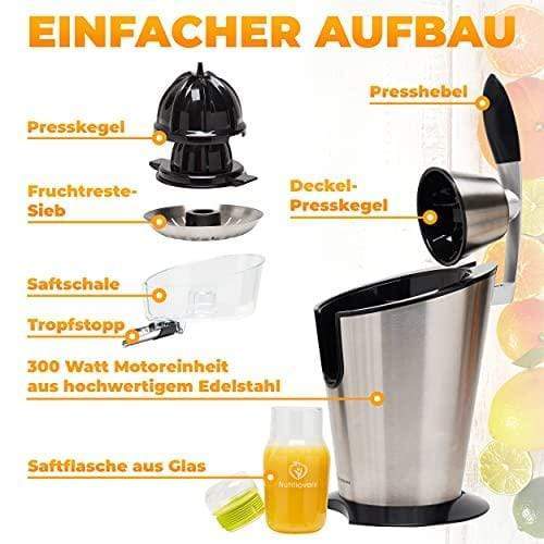 Nutrilovers Zitruspresse CITRUS-PRESS Zitruspresse, elektrisch, Edelstahl, 300W | 100% BPA-frei WissenWasDrinIst