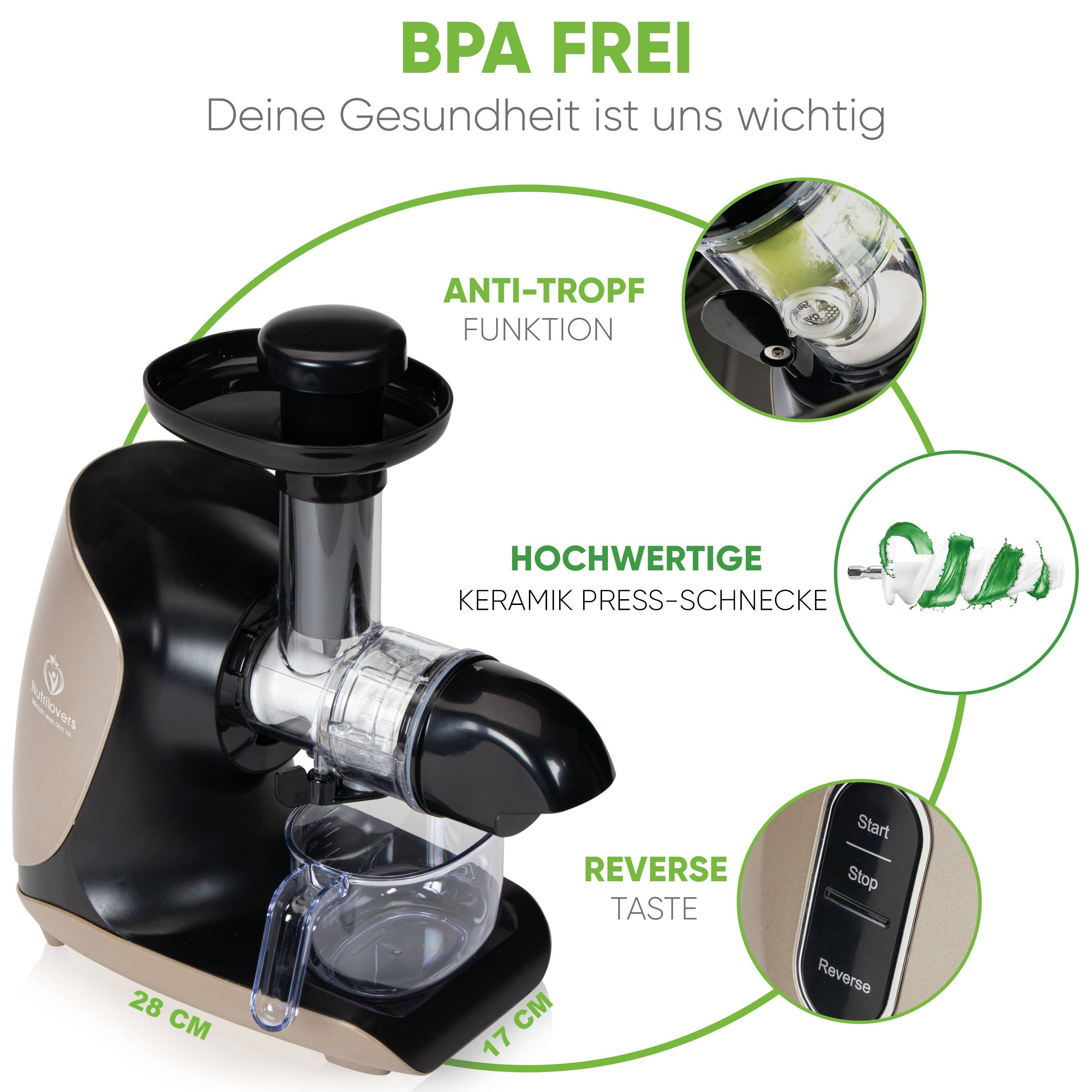 Nutrilovers GREEN-PRESS KERAMIK (B) GOLD Slow Juicer für Sellerie & Grünes | BPA-frei