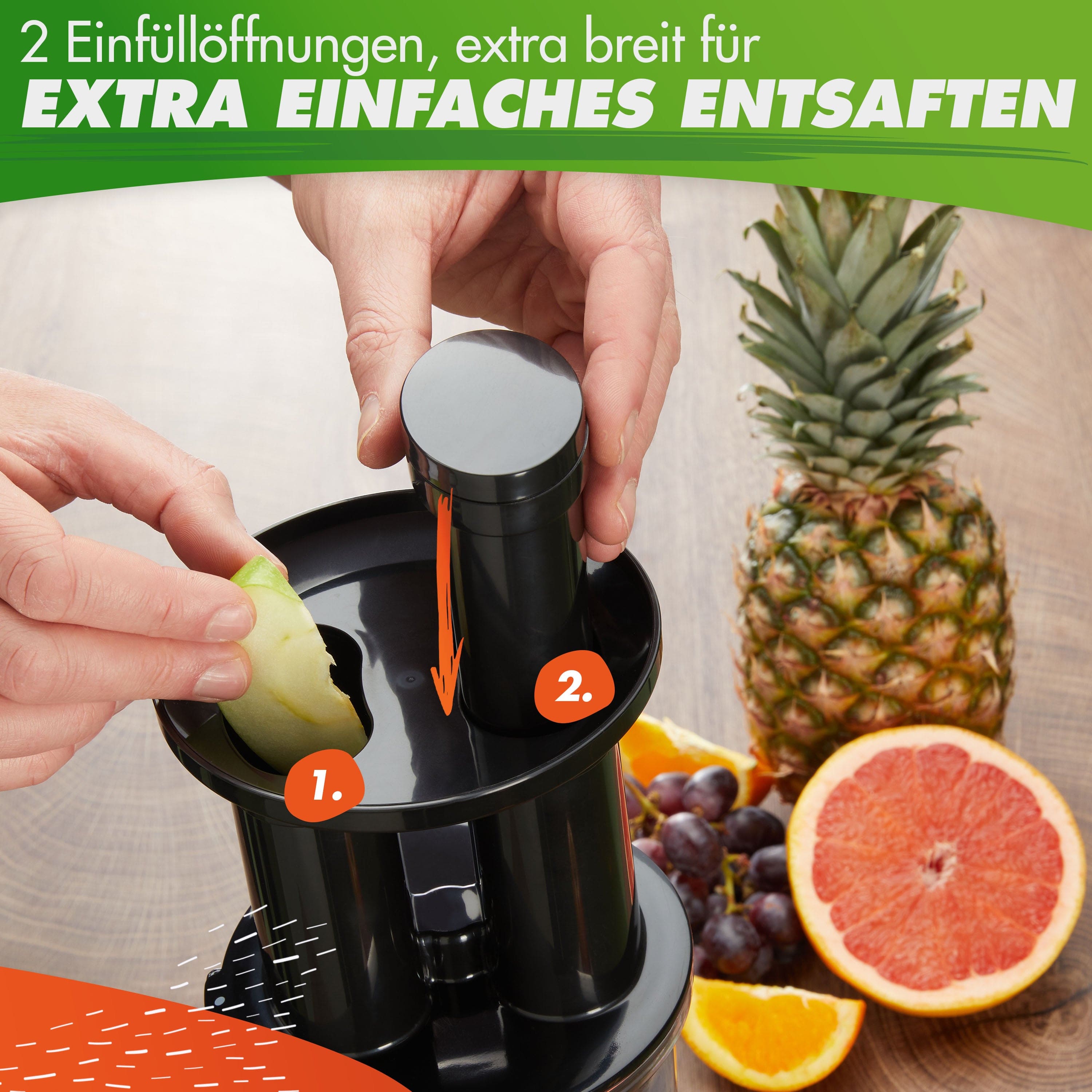 Entsafter mit breiten Einfüllöffnungen in Schwarz, ideal für schnelles und einfaches Entsaften von Obst.