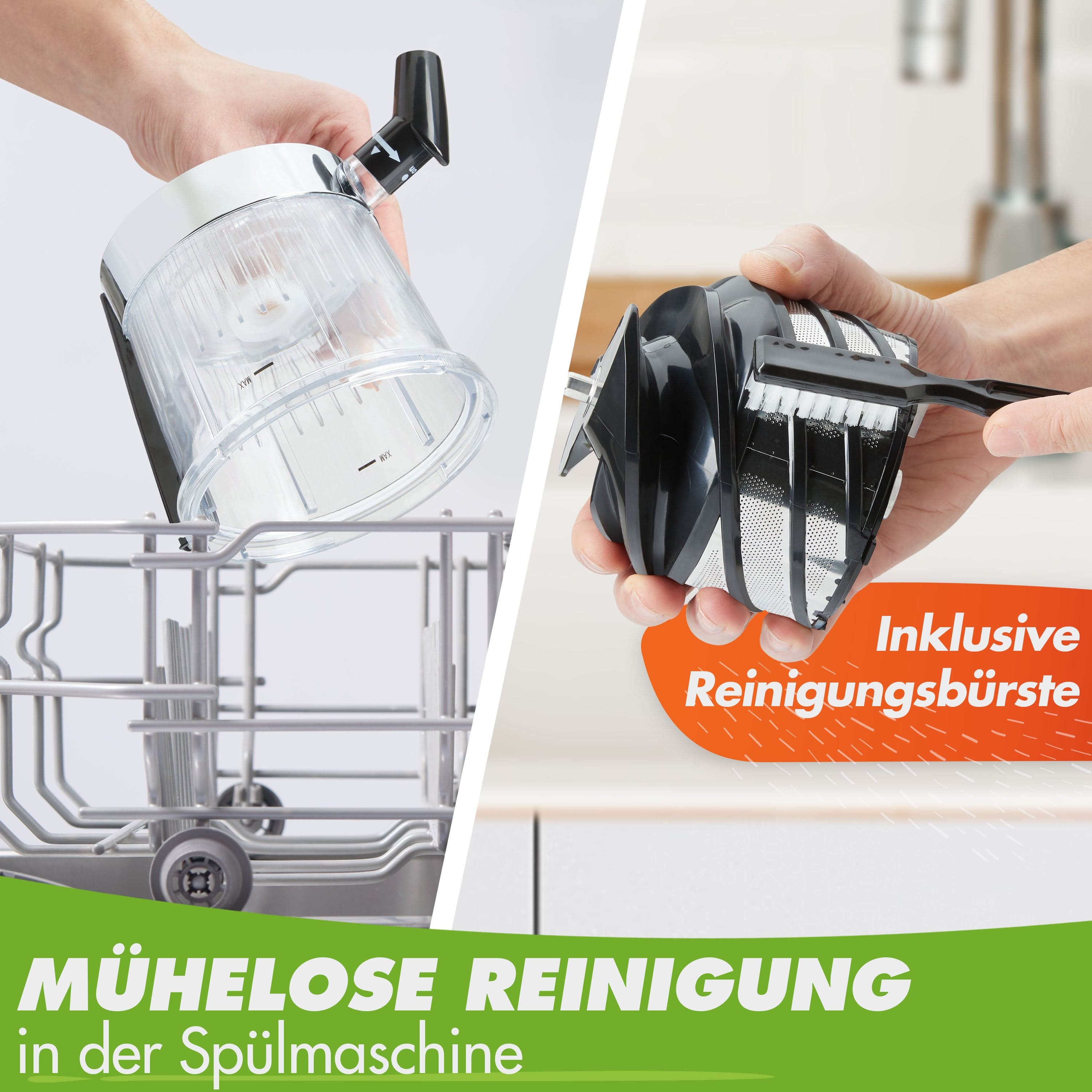 Transparenter Spülmaschinenbehälter mit schwarzer Reinigungsbürste für mühelose Reinigung.