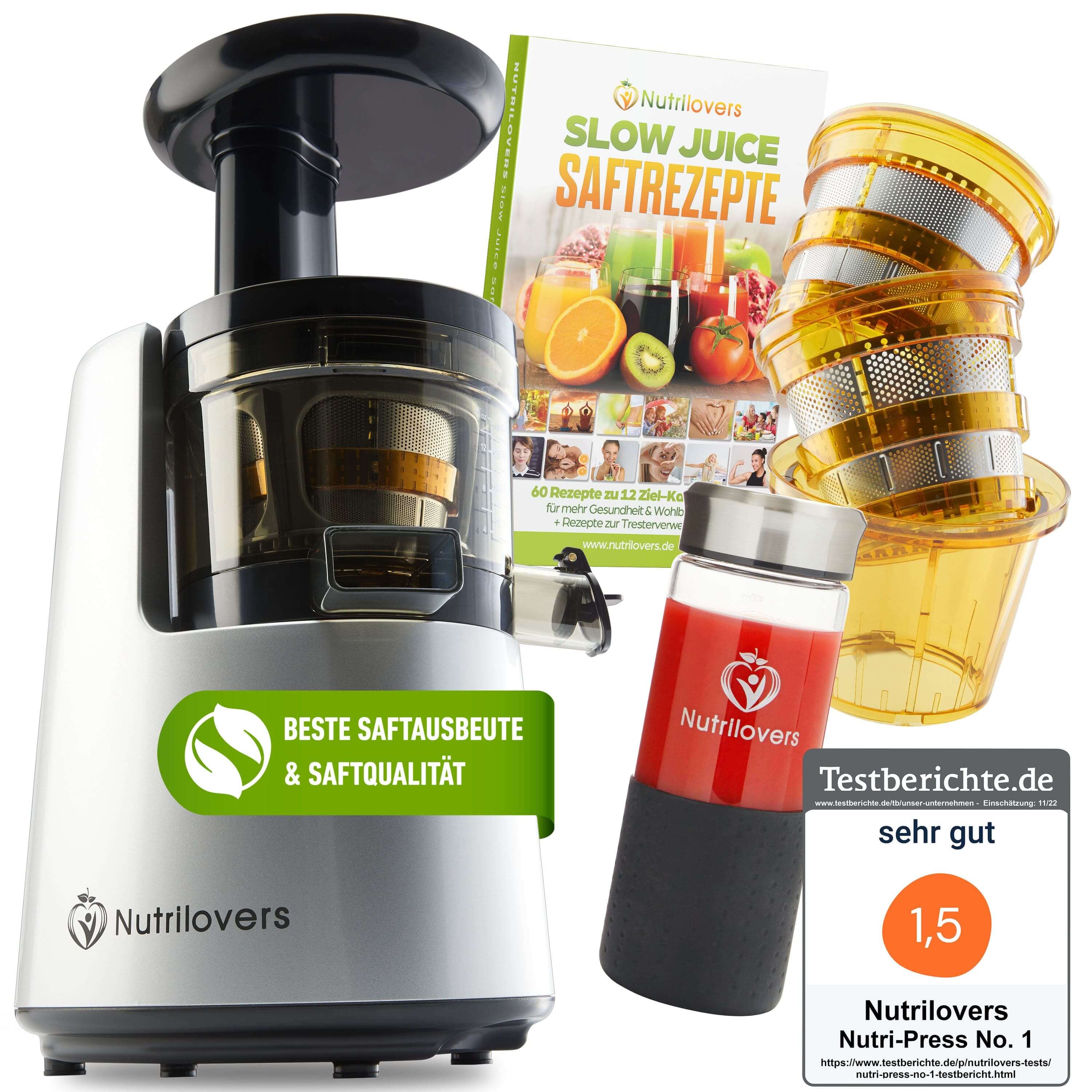 Nutrilovers Saftpresse in Silber, ideal für gesunde Säfte, inklusive Rezeptbuch und zusätzlichen Behältern.