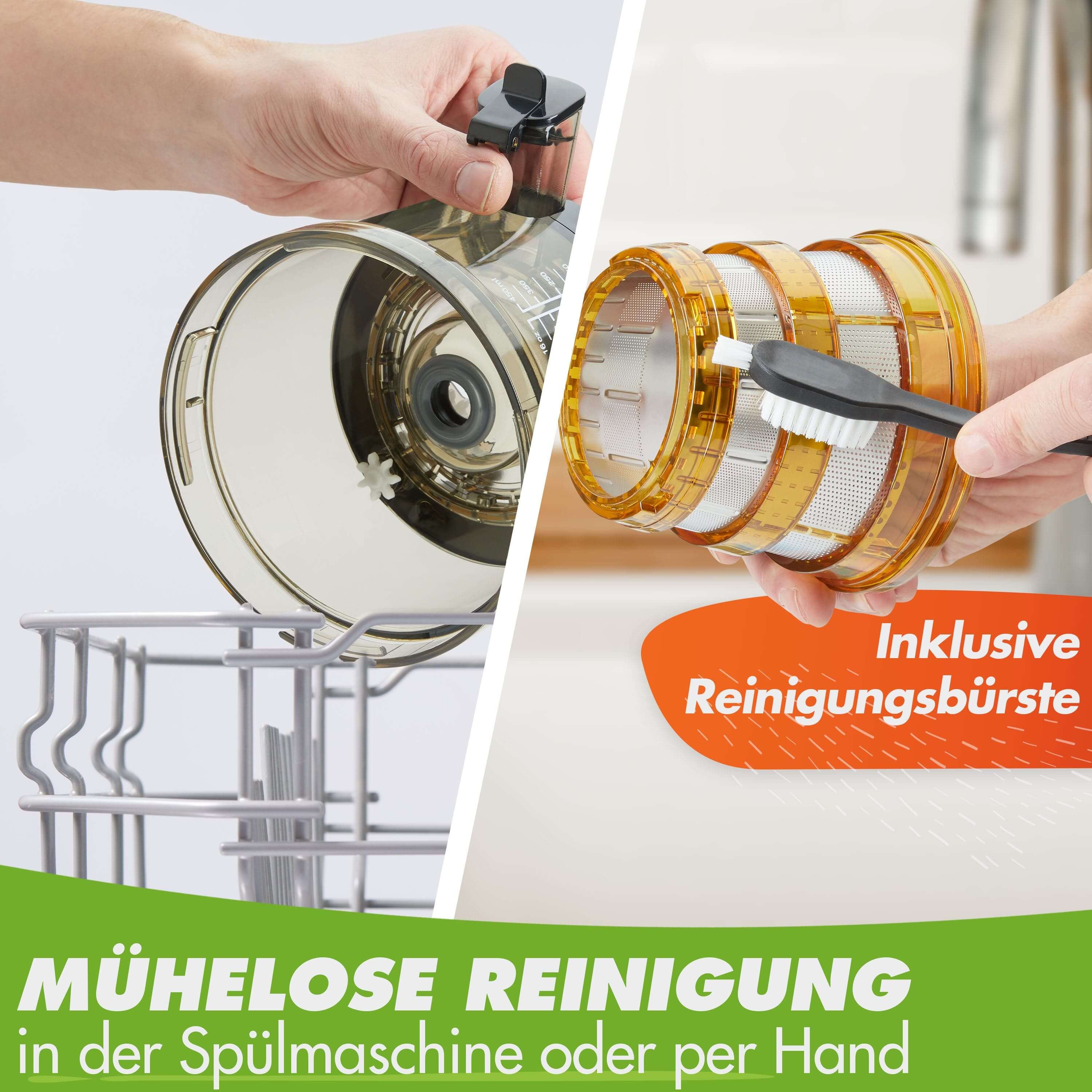 Küchenzubehör: Spülmaschinenfestes, transparentes Reinigungsgeschirr mit Reinigungsbürste in Orange.
