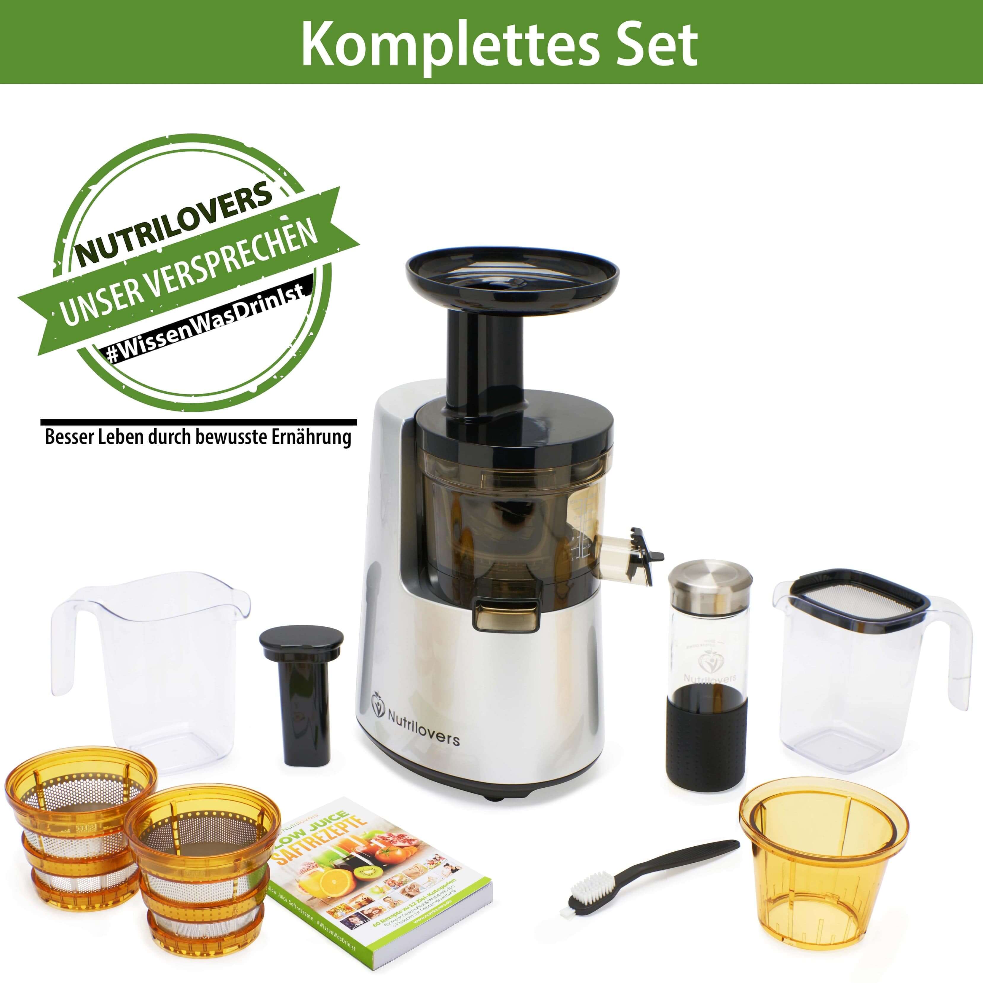 Nutrilever Entsafter Set, silber, mit Zubehör: Behälter, Rezeptbuch, Bürste, für gesunde Säfte.