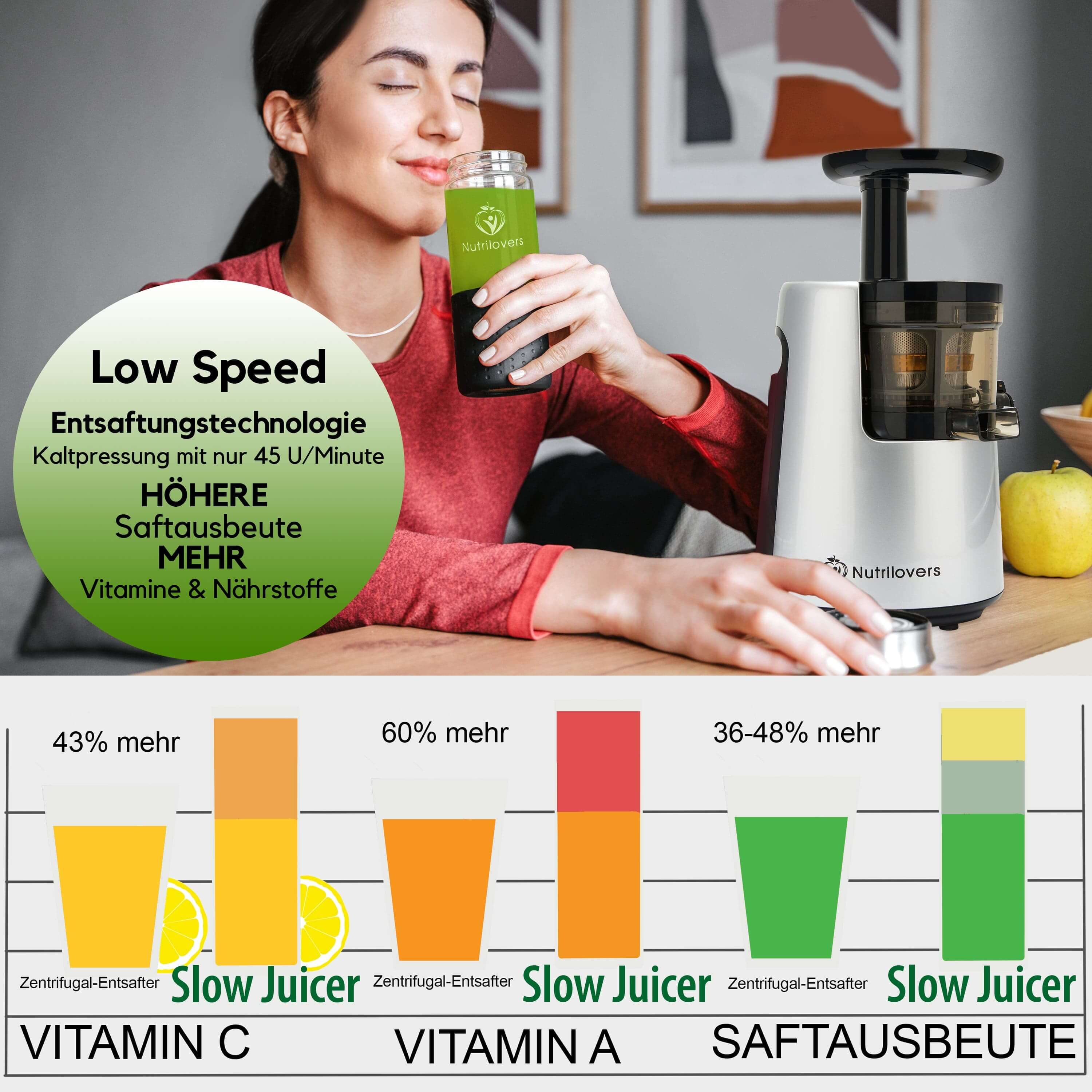 Nutrilovers Slow Juicer, Farb: Silber und Schwarz, Kaltpress-Technologie für mehr Vitamine und Nährstoffe.