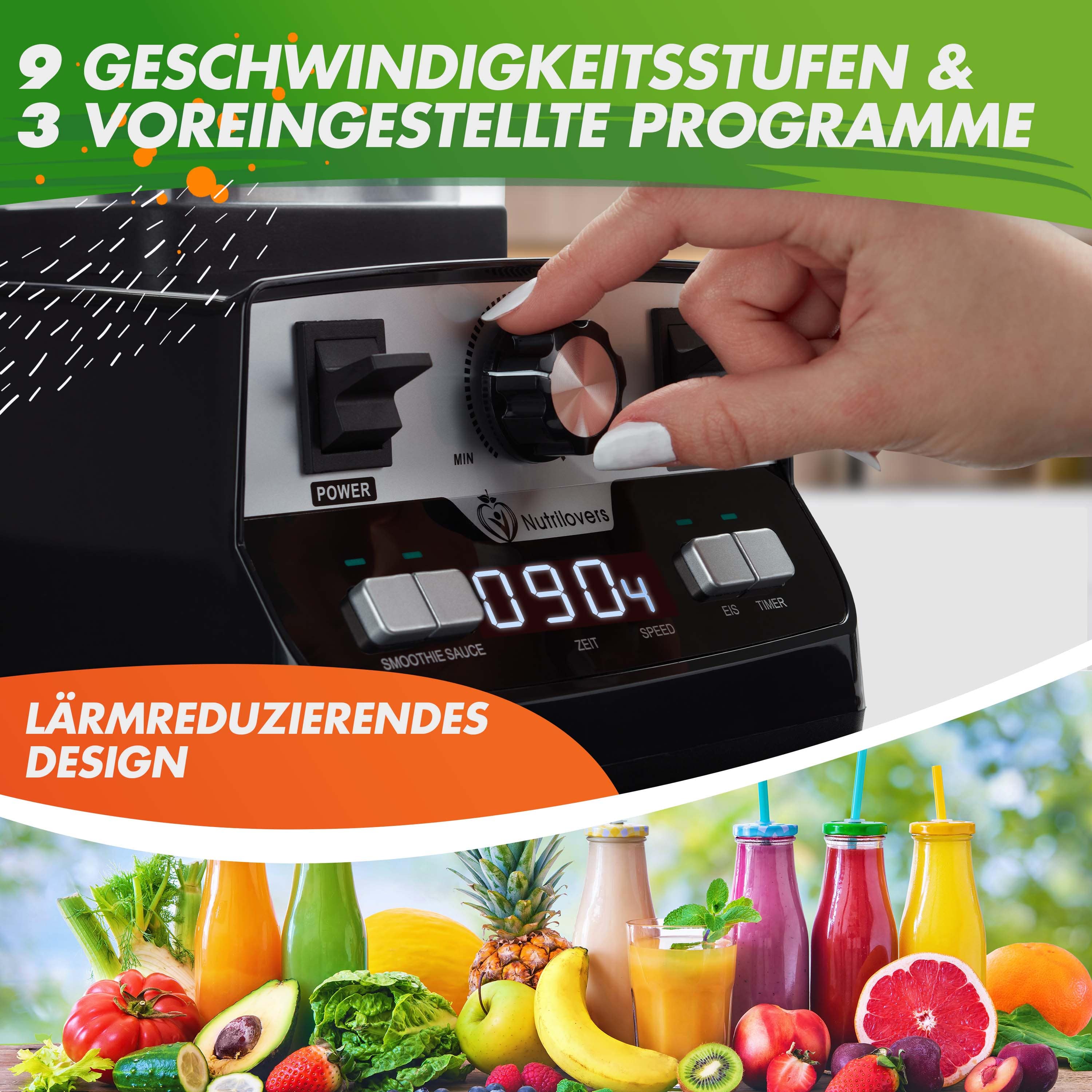 Hochleistungs-Standmixer in Schwarz mit 9 Geschwindigkeitsstufen und lernreduzierendem Design.