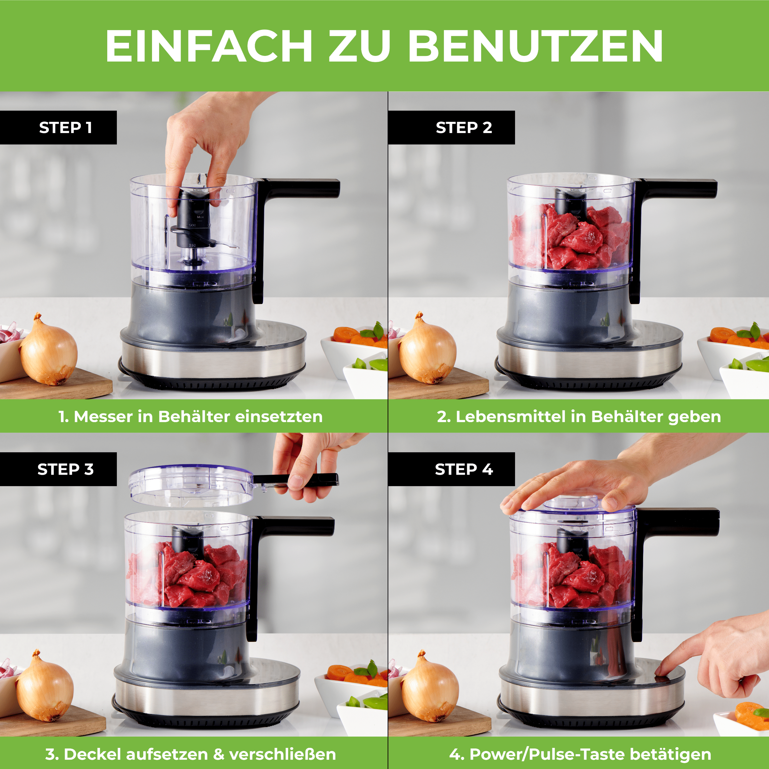 Schritt-für-Schritt-Anleitung zur Verwendung eines Küchenmixers in Schwarz mit transparentem Behälter.