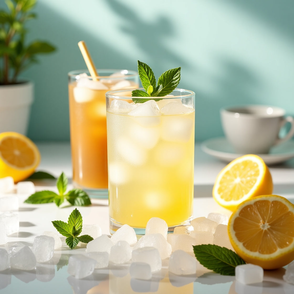 Erfrischende Getränke mit Eiswürfeln, Zitrone und Minze, ideal für Eiswürfelmaschine kaufen.