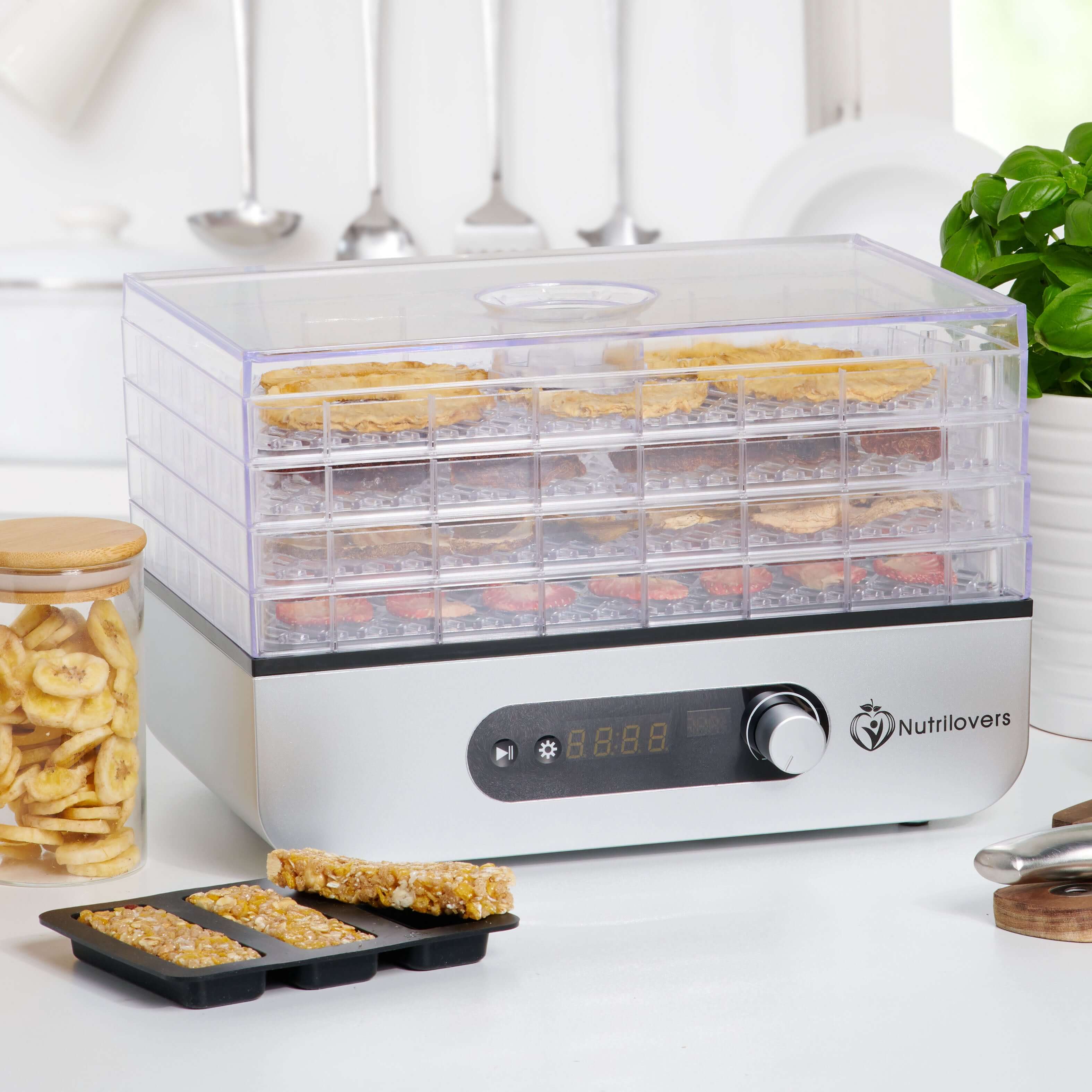 NUTRI-DRY Dörrautomat 100% BPA-frei Obsttrockner Dörrgerät - Dörrapparat Dehydrator mit Timer inkl. Dörrfolie, Zubehör & Rezeptbuch - Dörren Trocknen von Obst, Gemüse, Fleisch, Fisch, Kräuter 