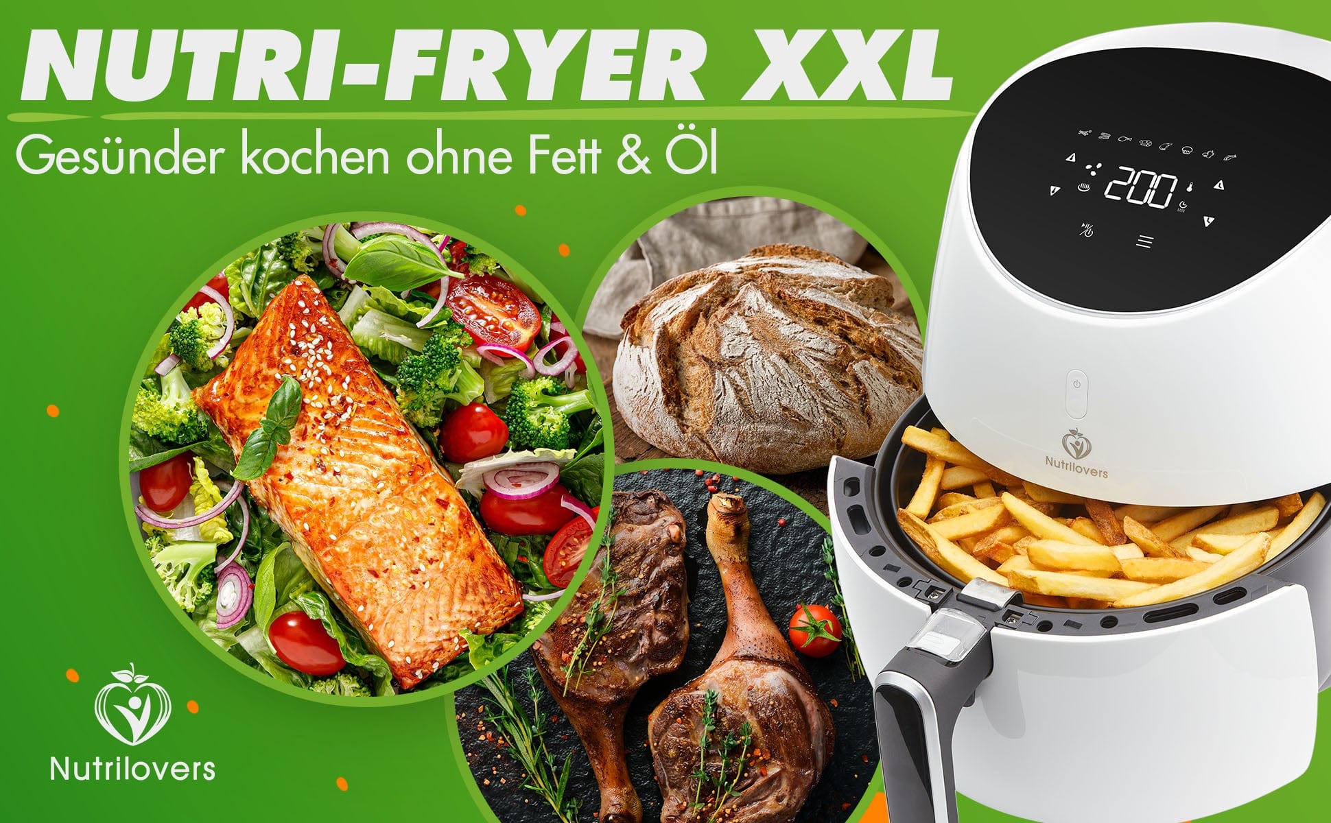 heissluftfriteuse,baken,garen,nutri-fryer,nutrilovers,garnelen,pommes,knusprige pommes,heissluftfriteuse xxl