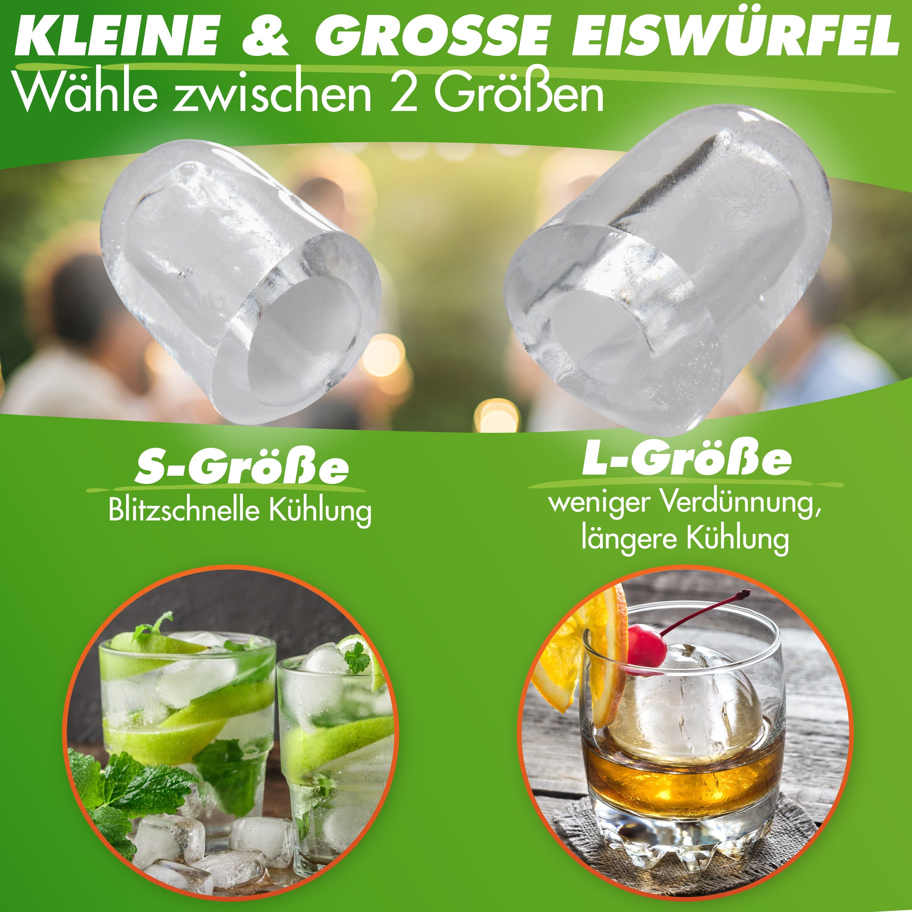 Kleine & große Eiswürfel aus klarer Eis, wählbar in S- und L-Größe für schnelle Kühlung und weniger Verdünnung.