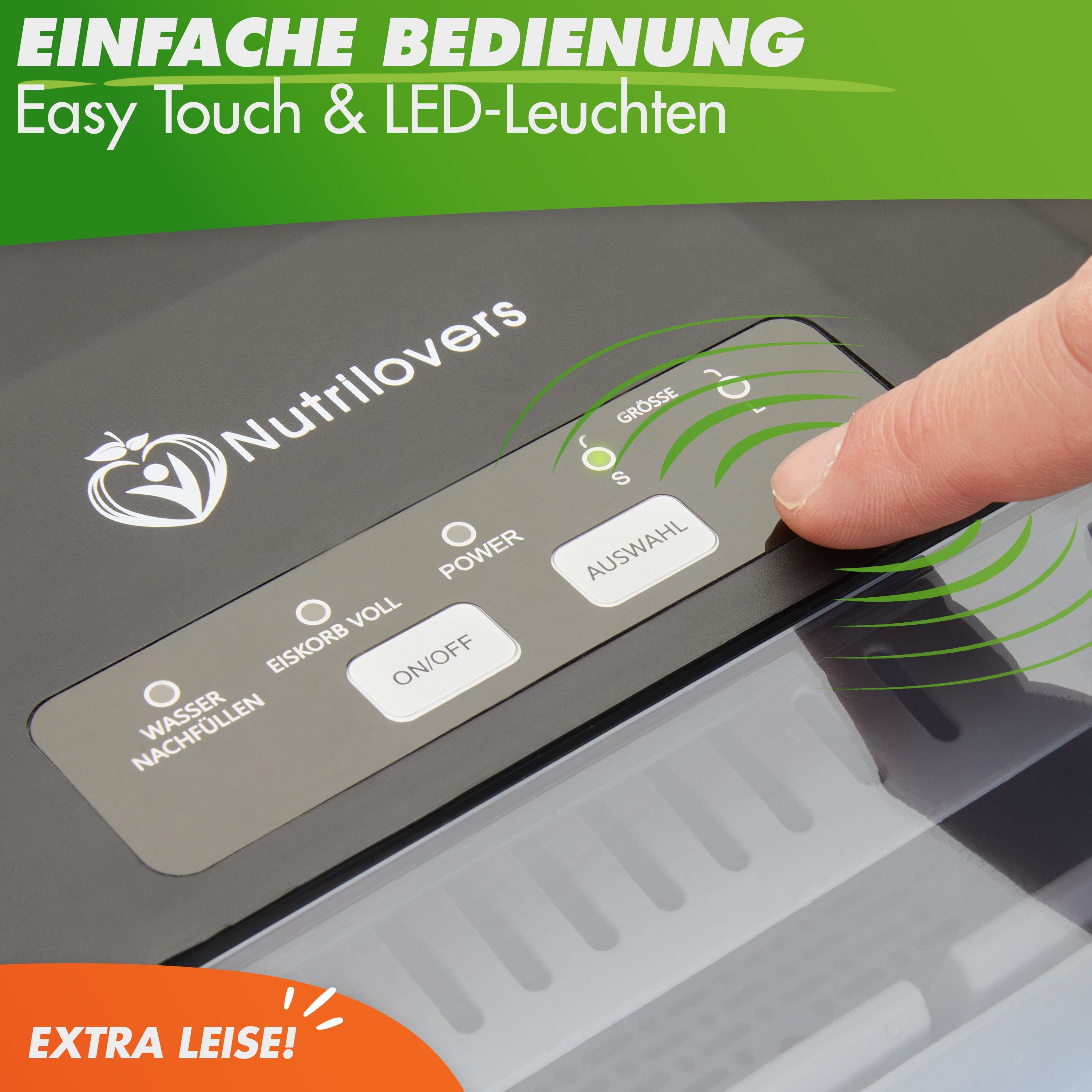 Nutrilovers Eismaschine mit LED-Leuchten, einfache Bedienung, extra leise, Finger zeigt auf Steuerung