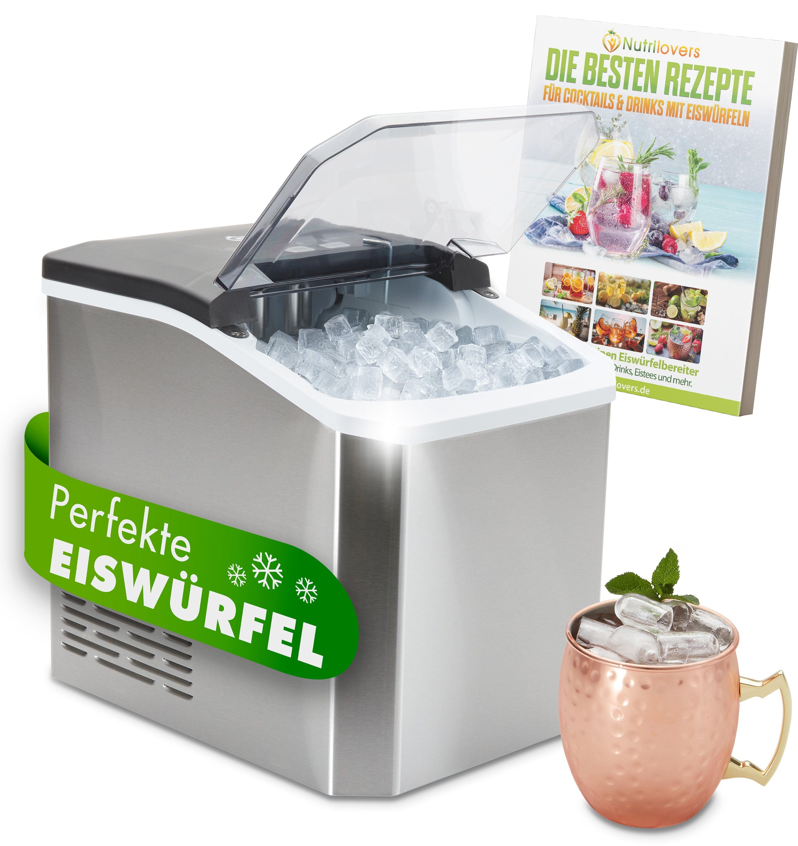Eiswürfelbereiter aus Edelstahl mit klarem Fokus auf perfekte Eiswürfel, inkl. Rezeptbuch für Cocktails.