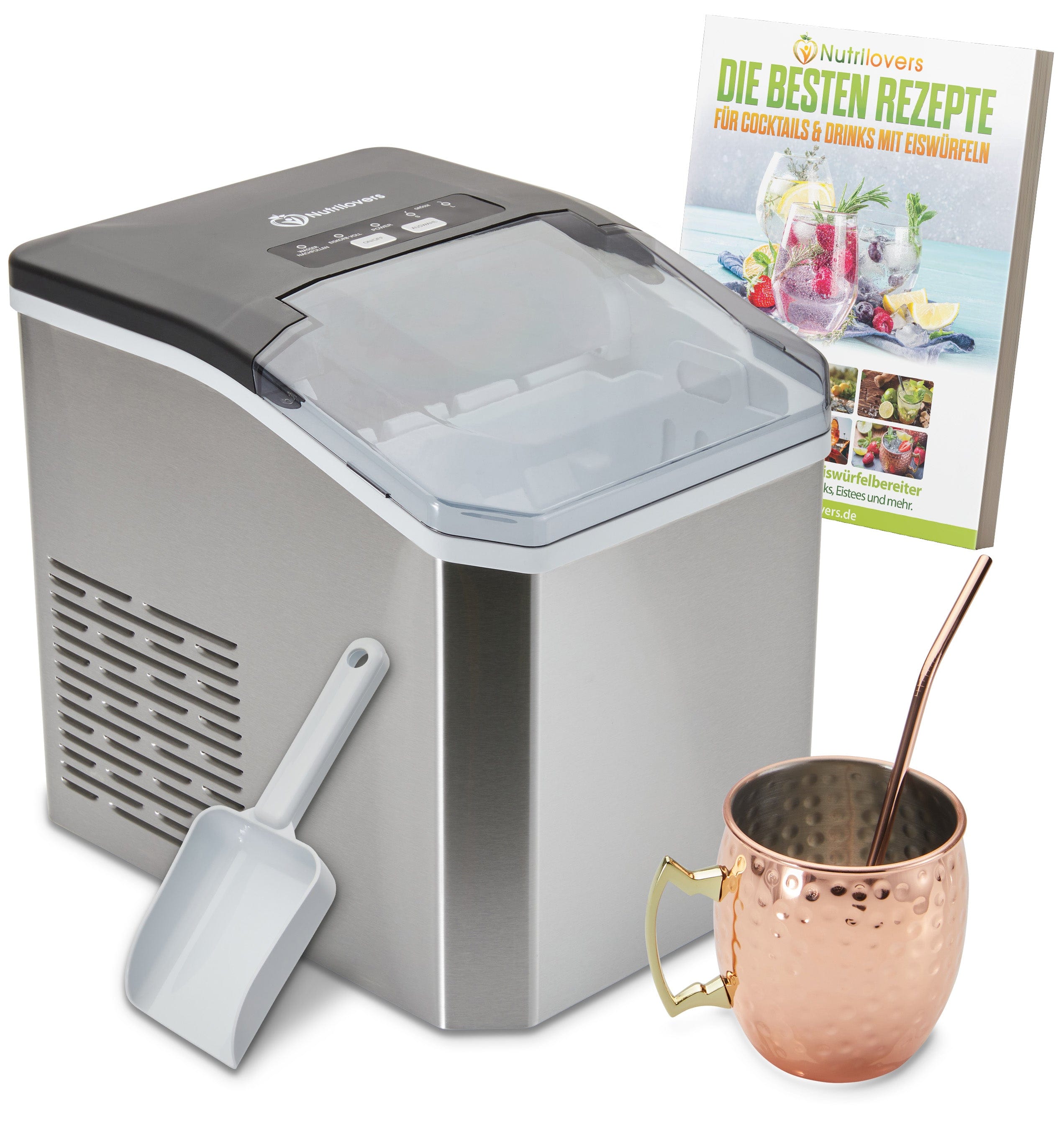 Eiswürfelbereiter mit Edelstahl-Gehäuse, transparentem Deckel und Eisportionierer für Cocktails.