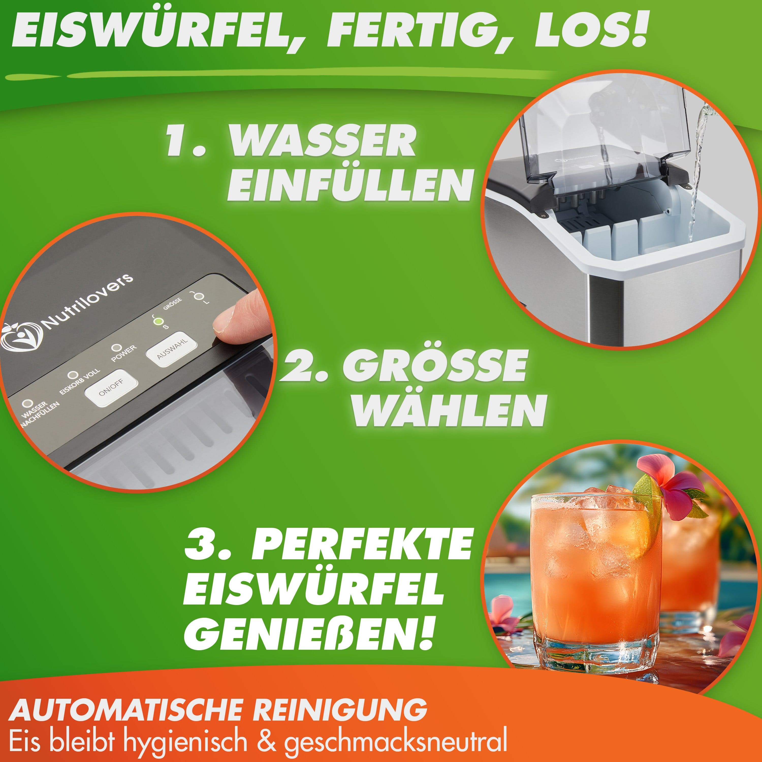 Eiswürfelmaschine von Nutrlovers, automat. Reinigung, hygienisch, ideal für Cocktails und Getränke.