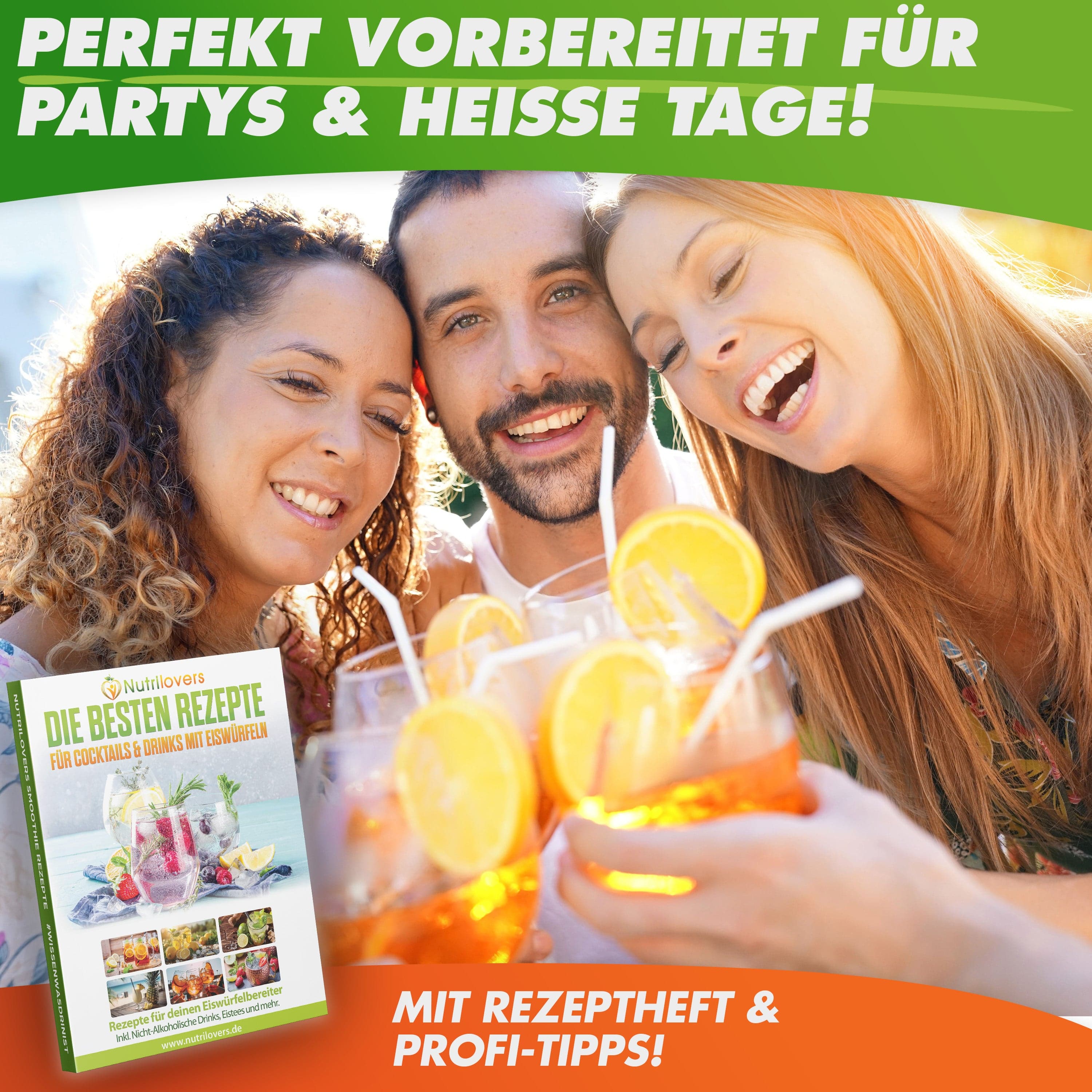 Drei Freunde genießen Cocktails mit Orangen, Buch über Getränkerezepte für Partys im Hintergrund.