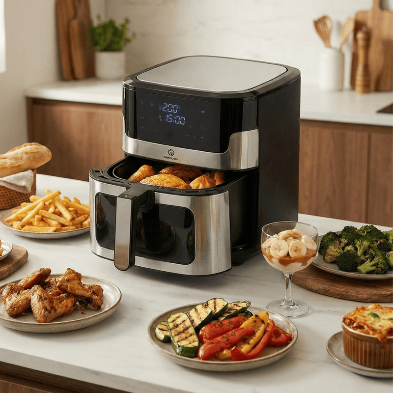 Nutrilovers Heißluftfritteuse NUTRI-FRYER Edelstahl, 8L, 2000W, Ober-& Unterhitze
